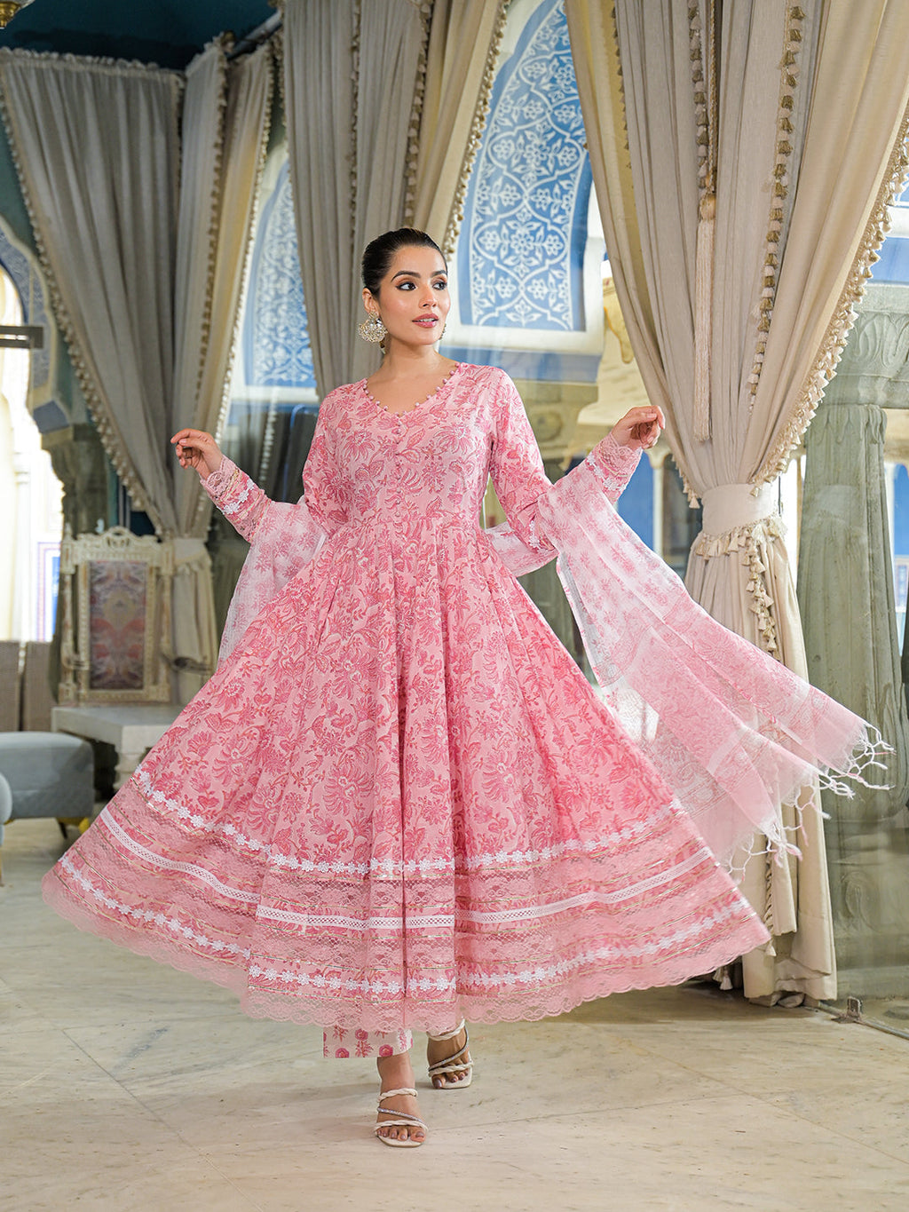 Noe Velarro Pink Hand Block Cotton Anarkali Kurta Pant Set With Dupatta