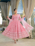 Noe Velarro Pink Hand Block Cotton Anarkali Kurta Pant Set With Dupatta