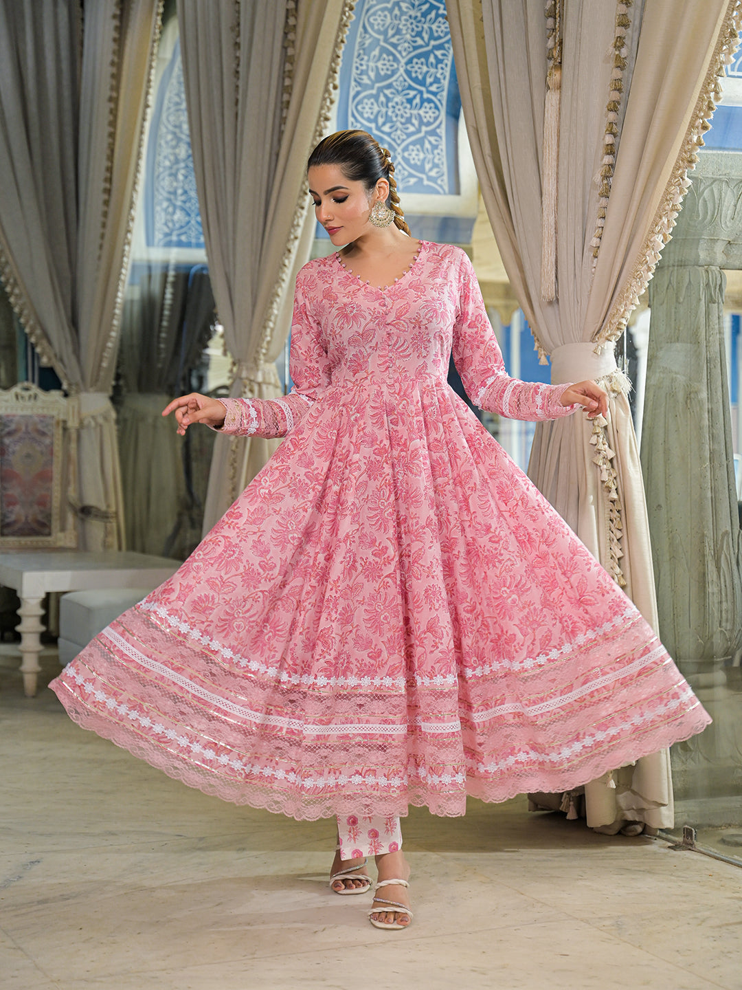 Noe Velarro Pink Hand Block Cotton Anarkali Kurta Pant Set With Dupatta