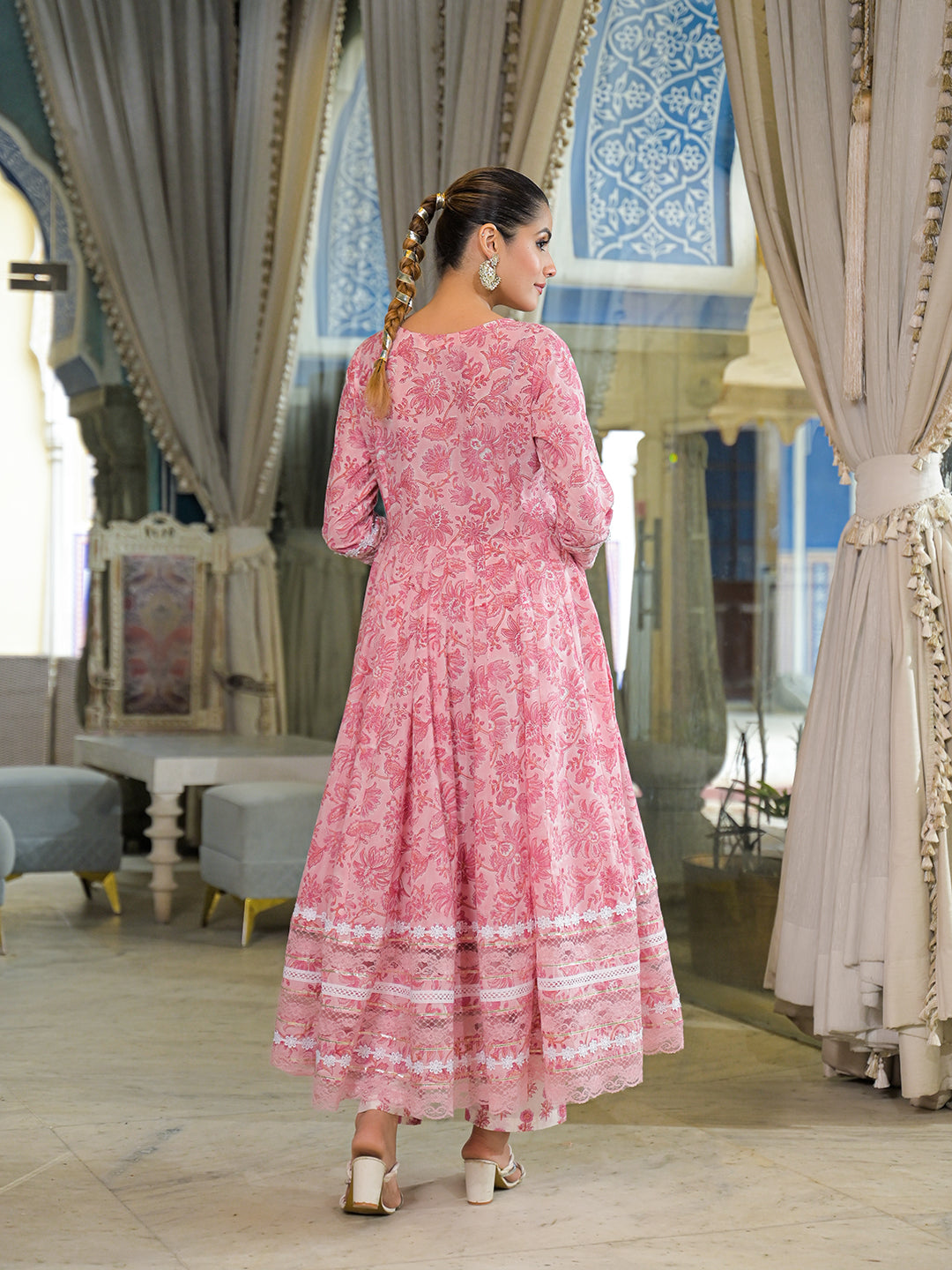 Noe Velarro Pink Hand Block Cotton Anarkali Kurta Pant Set With Dupatta