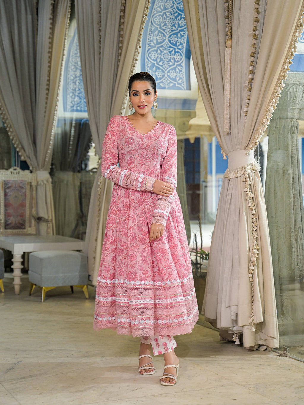 Noe Velarro Pink Hand Block Cotton Anarkali Kurta Pant Set With Dupatta