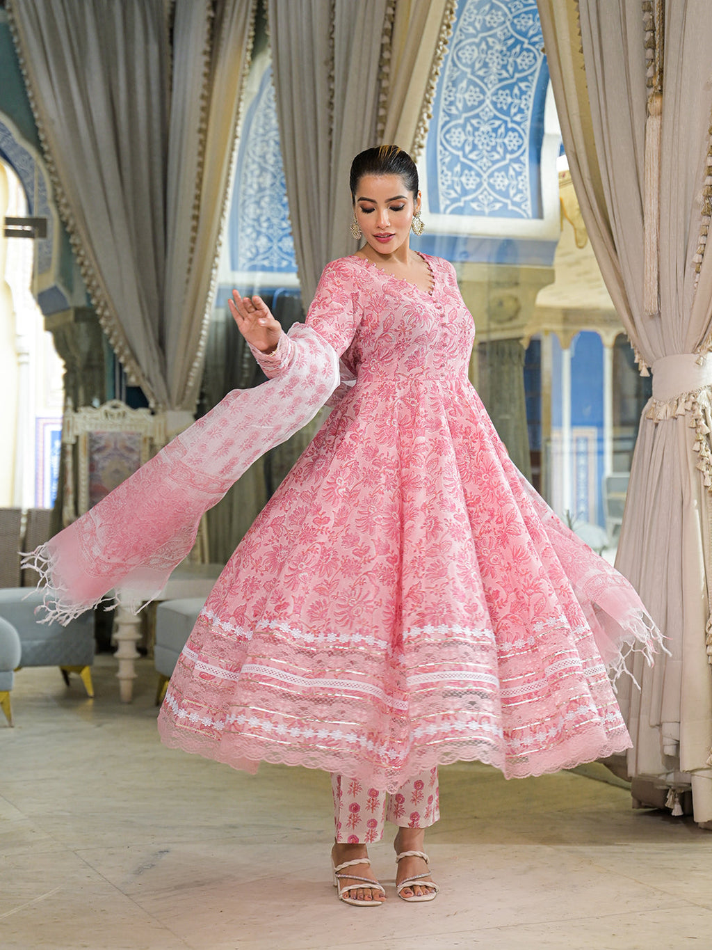 Noe Velarro Pink Hand Block Cotton Anarkali Kurta Pant Set With Dupatta