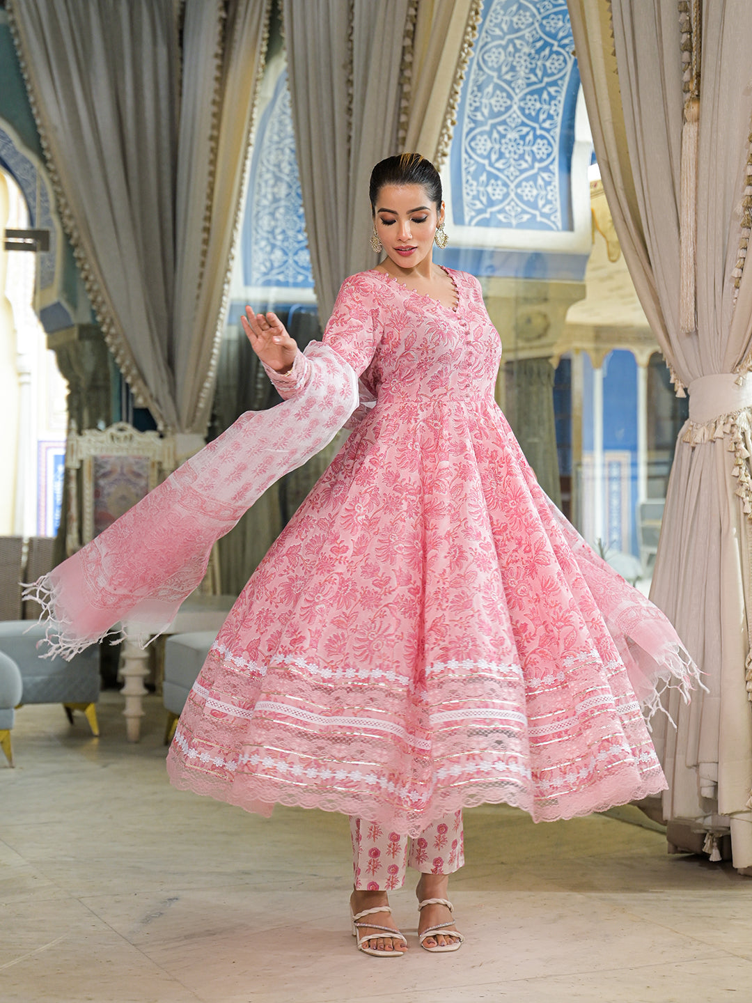 Noe Velarro Pink Hand Block Cotton Anarkali Kurta Pant Set With Dupatta