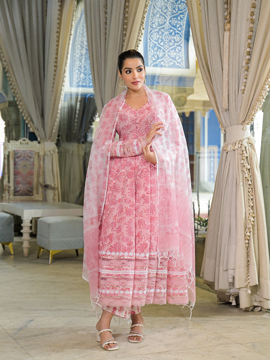 Noe Velarro Pink Hand Block Cotton Anarkali Kurta Pant Set With Dupatta