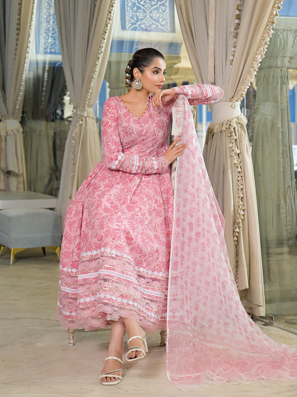 Noe Velarro Pink Hand Block Cotton Anarkali Kurta Pant Set With Dupatta