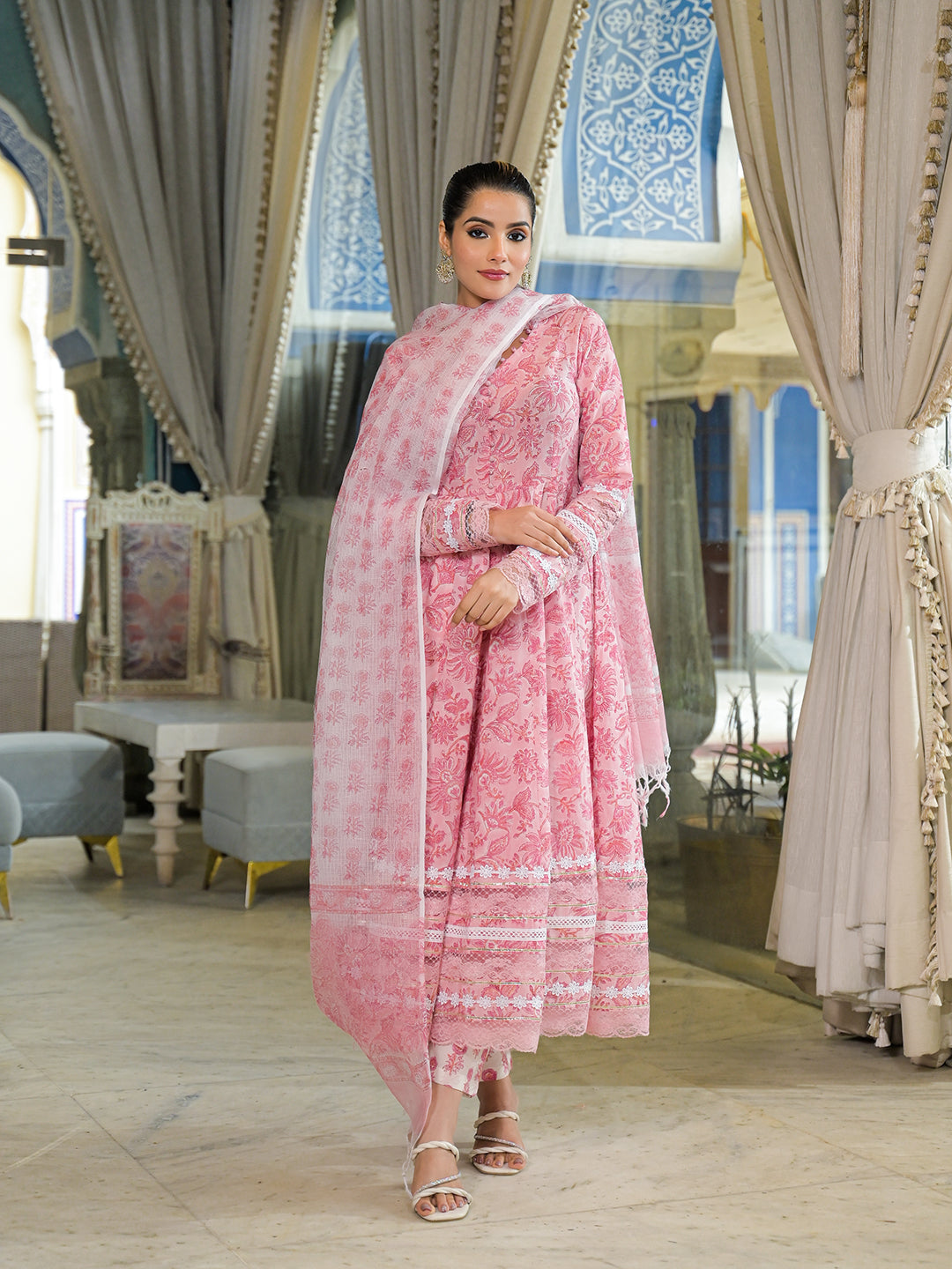 Noe Velarro Pink Hand Block Cotton Anarkali Kurta Pant Set With Dupatta