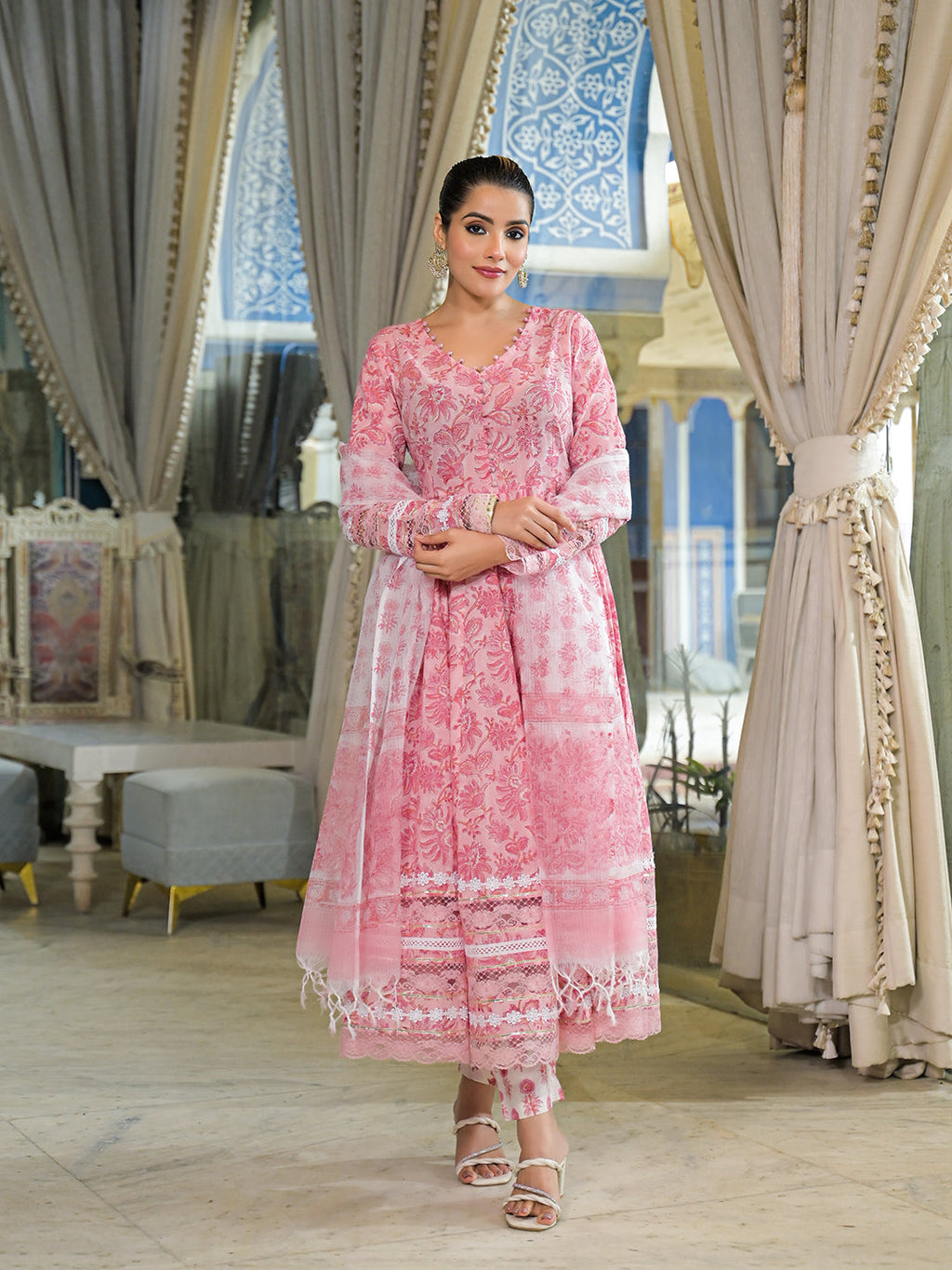 Noe Velarro Pink Hand Block Cotton Anarkali Kurta Pant Set With Dupatta