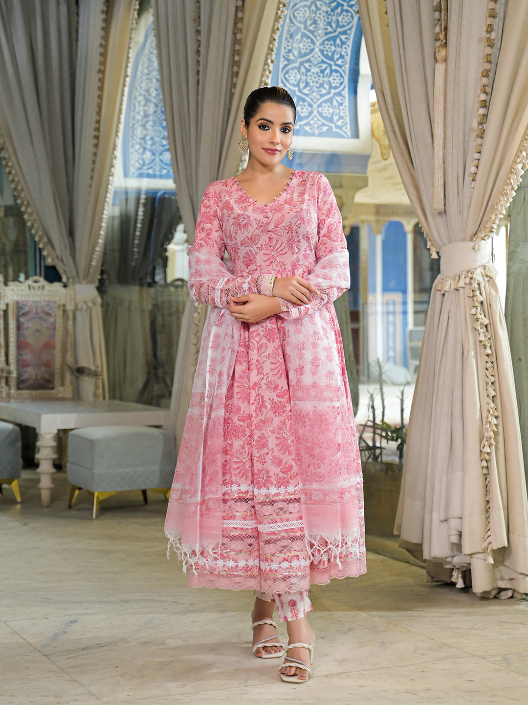 Noe Velarro Pink Hand Block Cotton Anarkali Kurta Pant Set With Dupatta