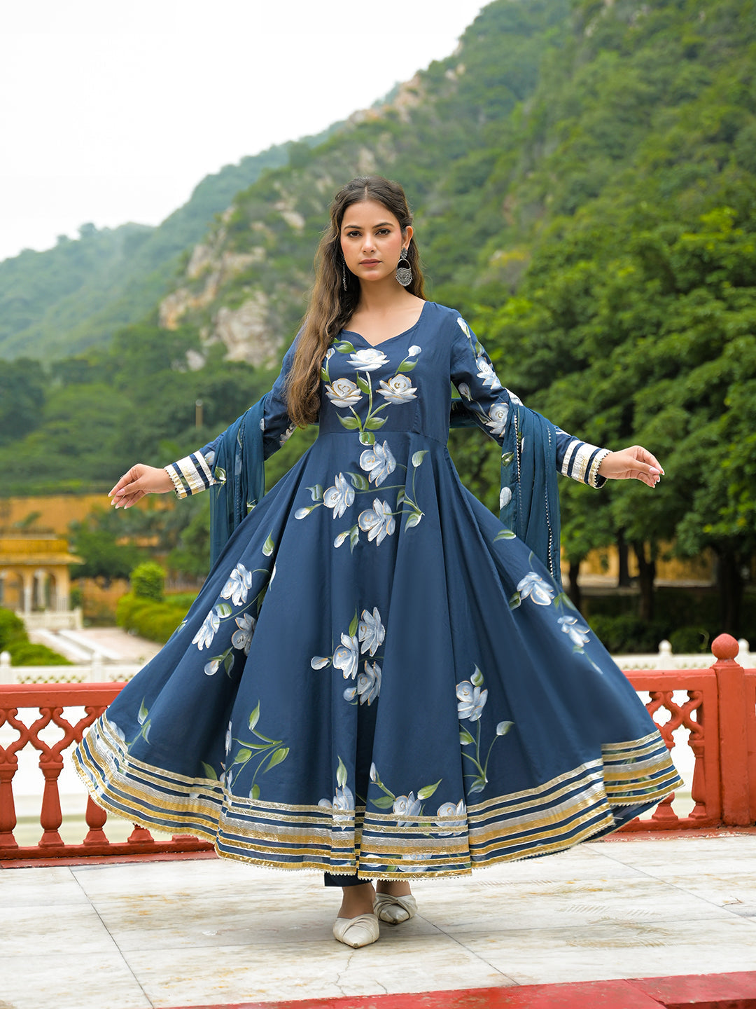 Noe Velarro Blue Hand Painted Cotton Anarkali Kurta Pant With Dupatta