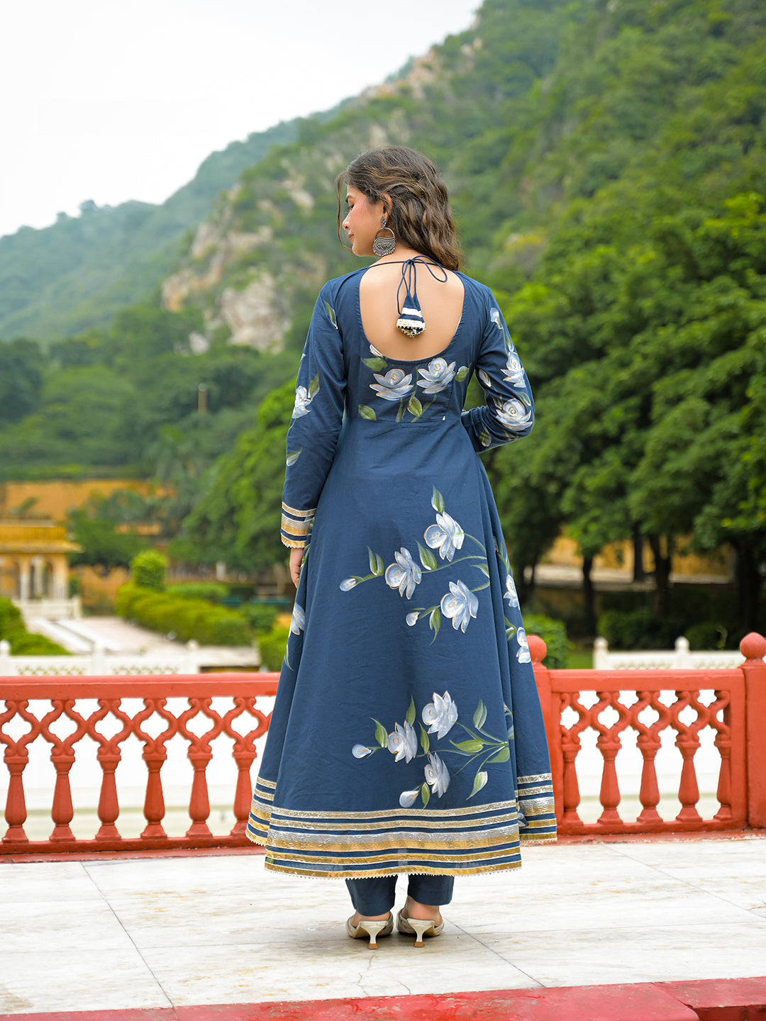 Noe Velarro Blue Hand Painted Cotton Anarkali Kurta Pant With Dupatta