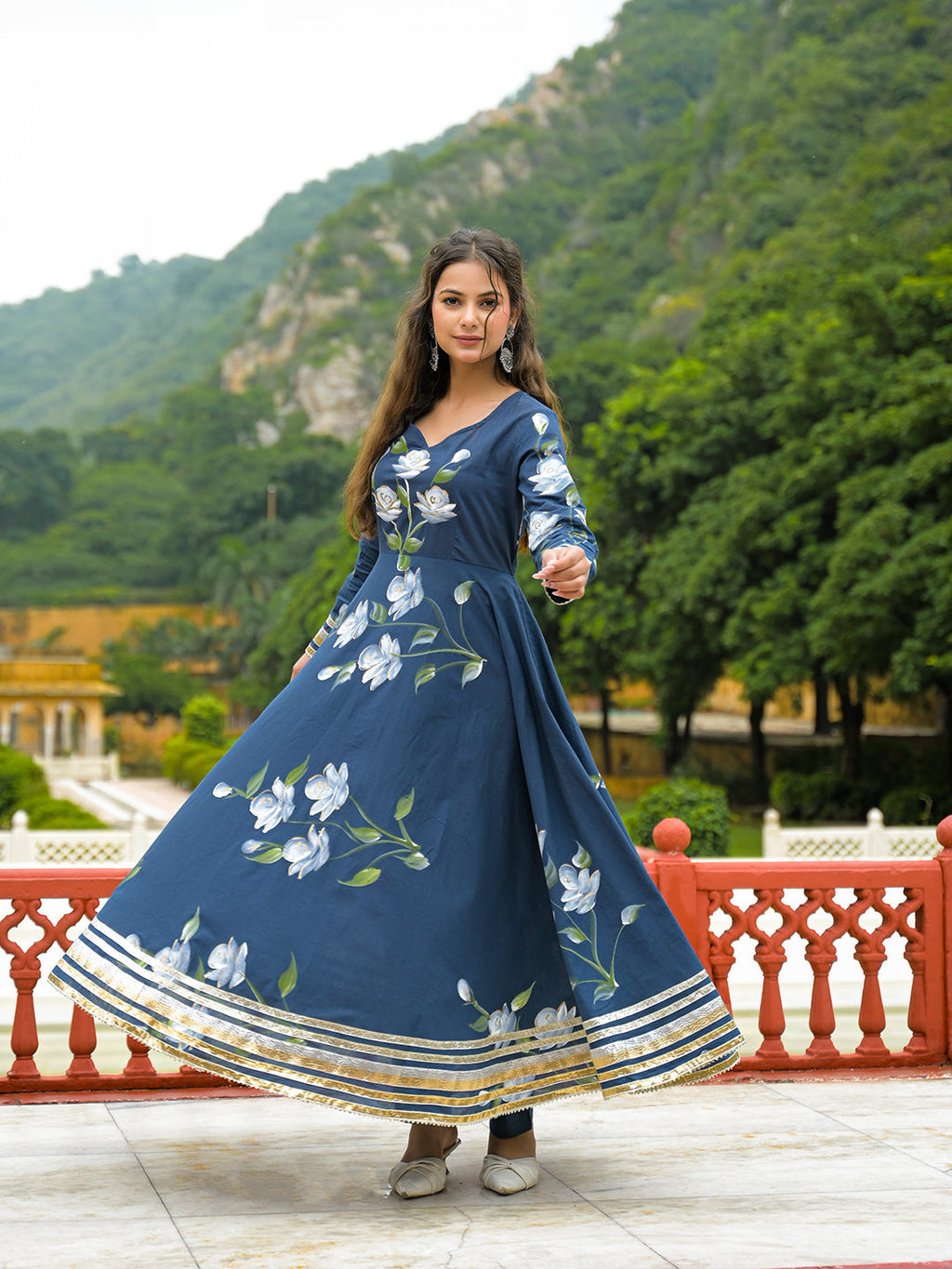 Noe Velarro Blue Hand Painted Cotton Anarkali Kurta Pant With Dupatta