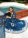 Noe Velarro Blue Hand Painted Cotton Anarkali Kurta Pant With Dupatta
