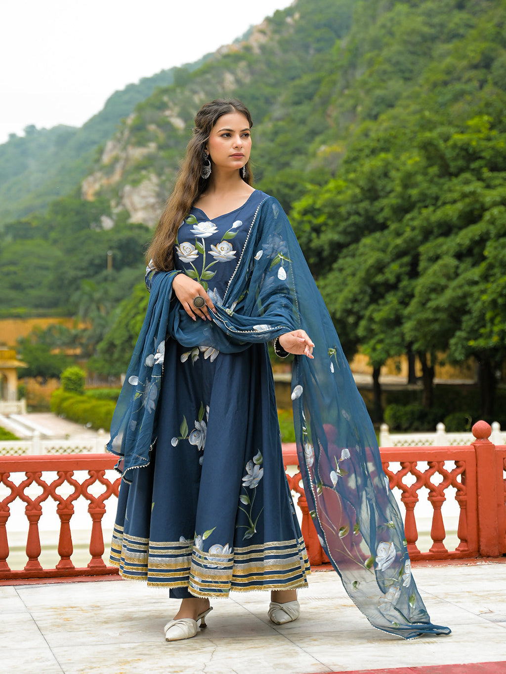 Noe Velarro Blue Hand Painted Cotton Anarkali Kurta Pant With Dupatta
