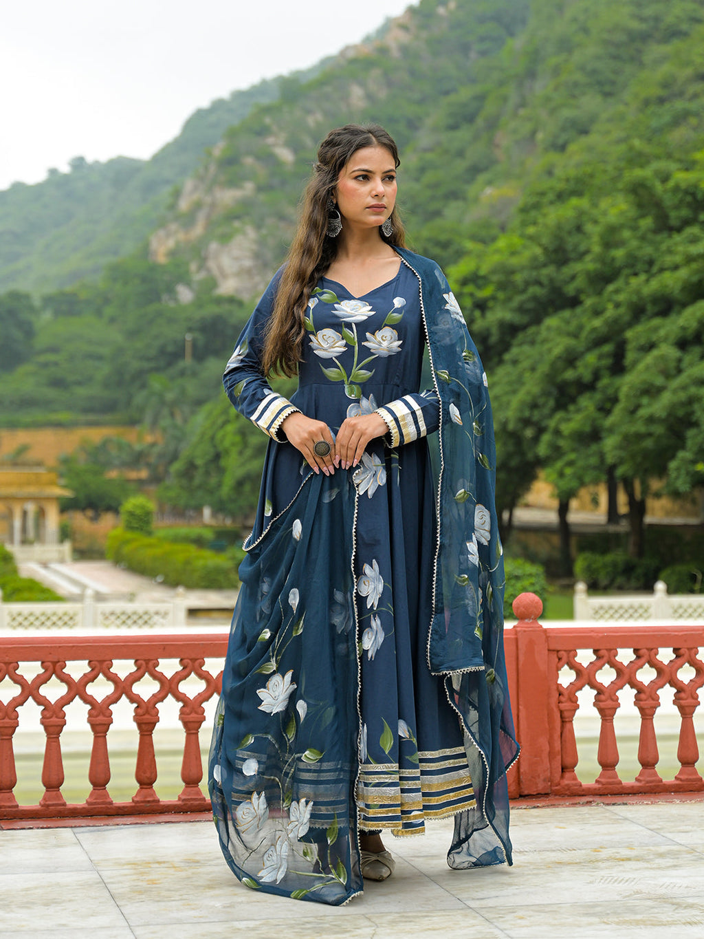 Noe Velarro Blue Hand Painted Cotton Anarkali Kurta Pant With Dupatta