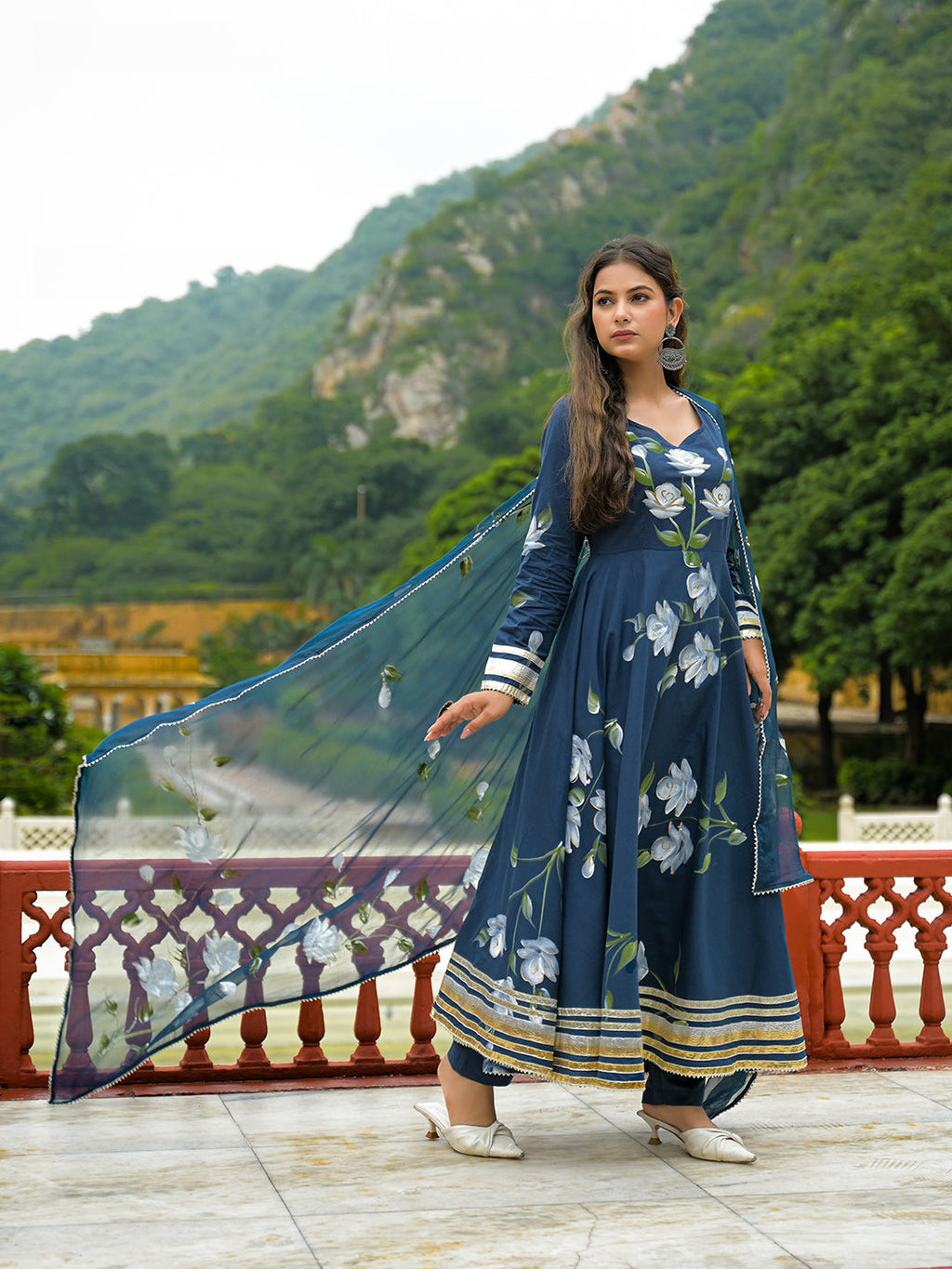 Noe Velarro Blue Hand Painted Cotton Anarkali Kurta Pant With Dupatta
