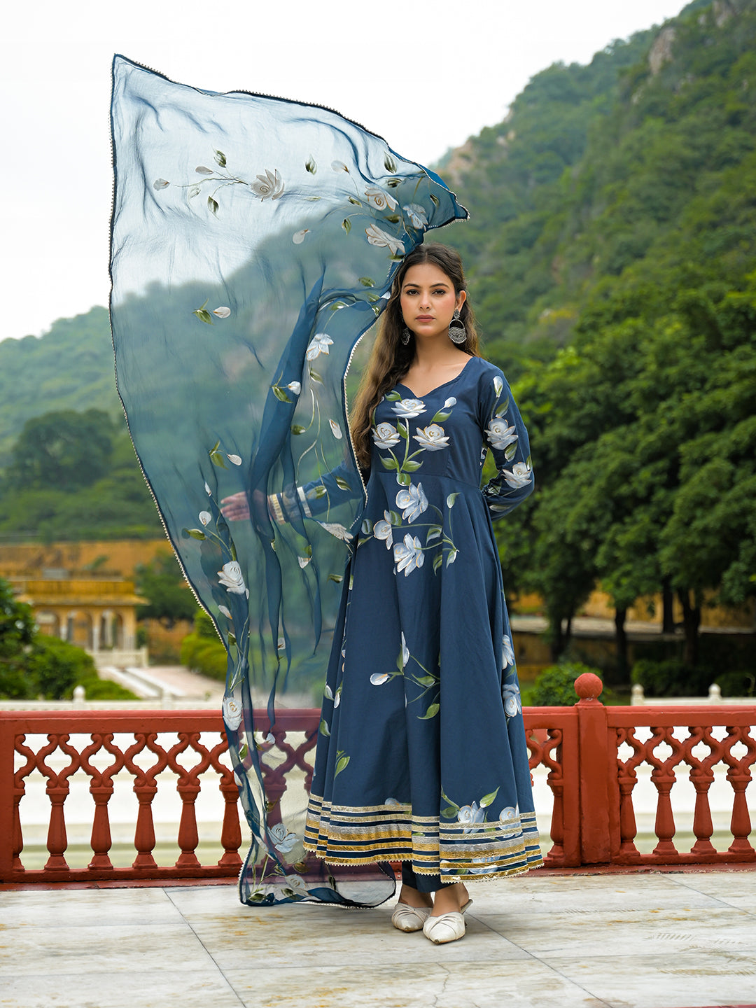 Noe Velarro Blue Hand Painted Cotton Anarkali Kurta Pant With Dupatta