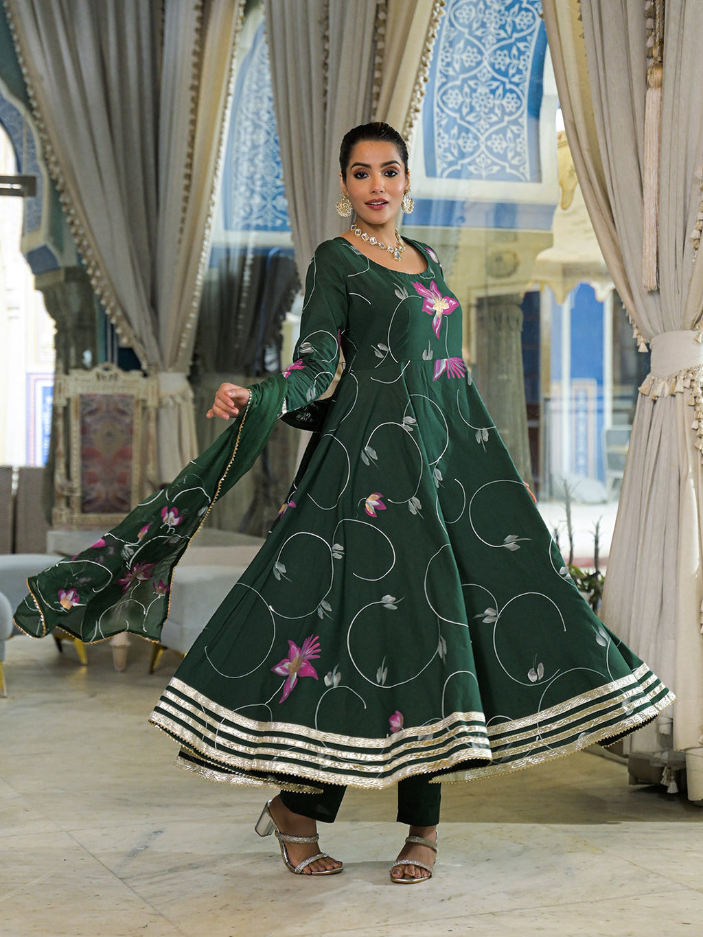 Noe Velarro Dark Green Hand Painted Cotton Anarkali Kurta Pant With Dupatta