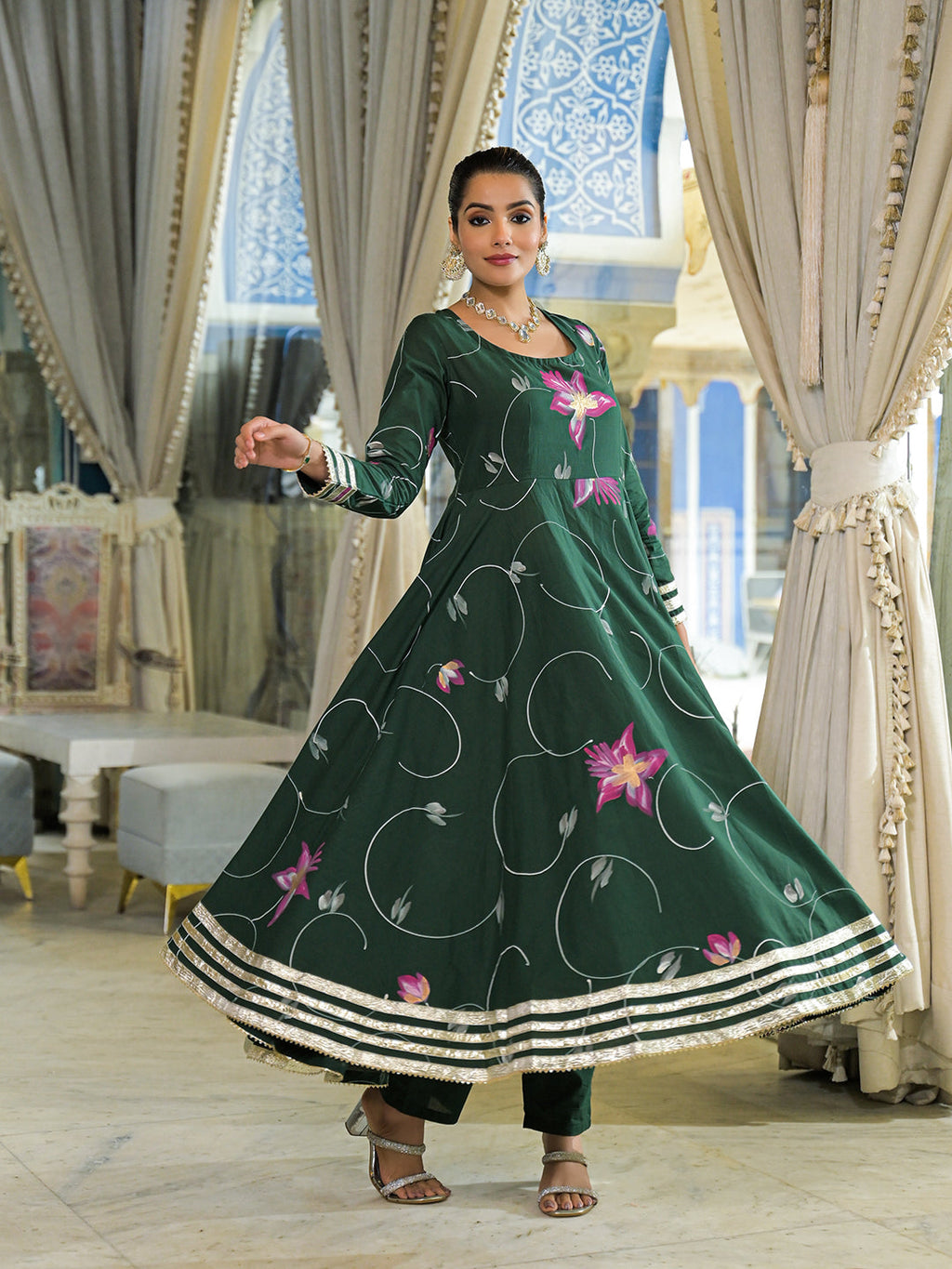 Noe Velarro Dark Green Hand Painted Cotton Anarkali Kurta Pant With Dupatta