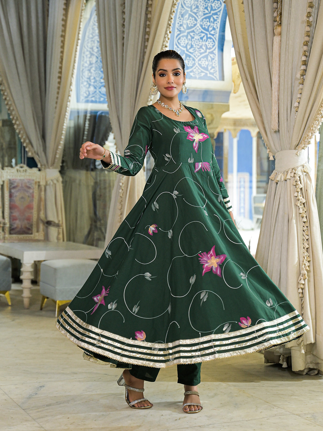 Noe Velarro Dark Green Hand Painted Cotton Anarkali Kurta Pant With Dupatta