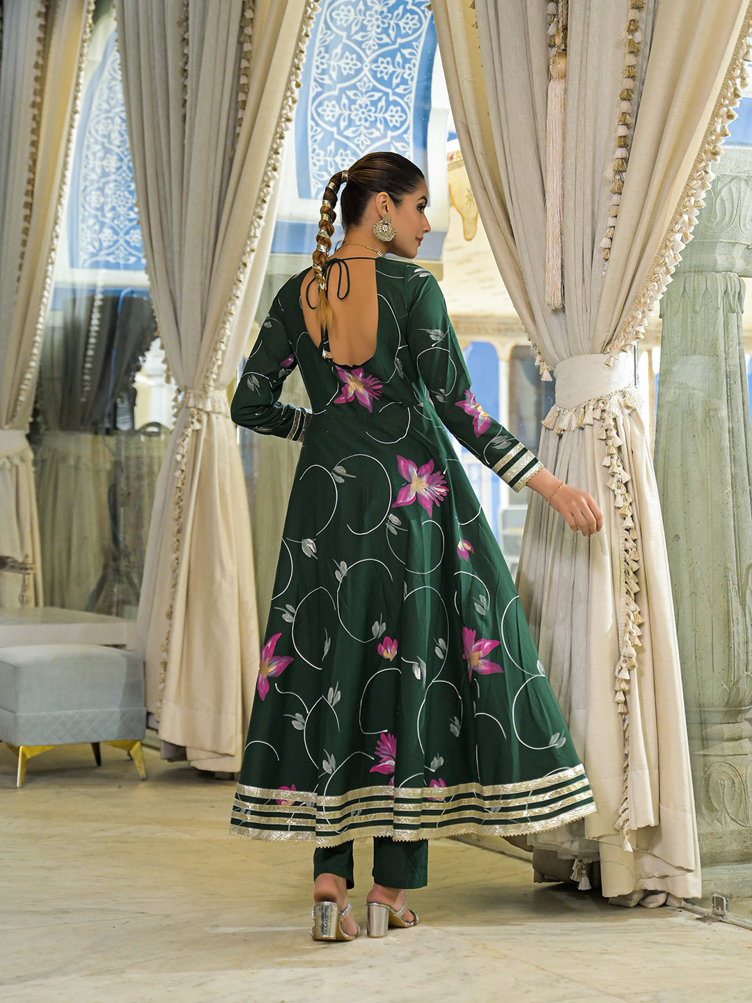 Noe Velarro Dark Green Hand Painted Cotton Anarkali Kurta Pant With Dupatta