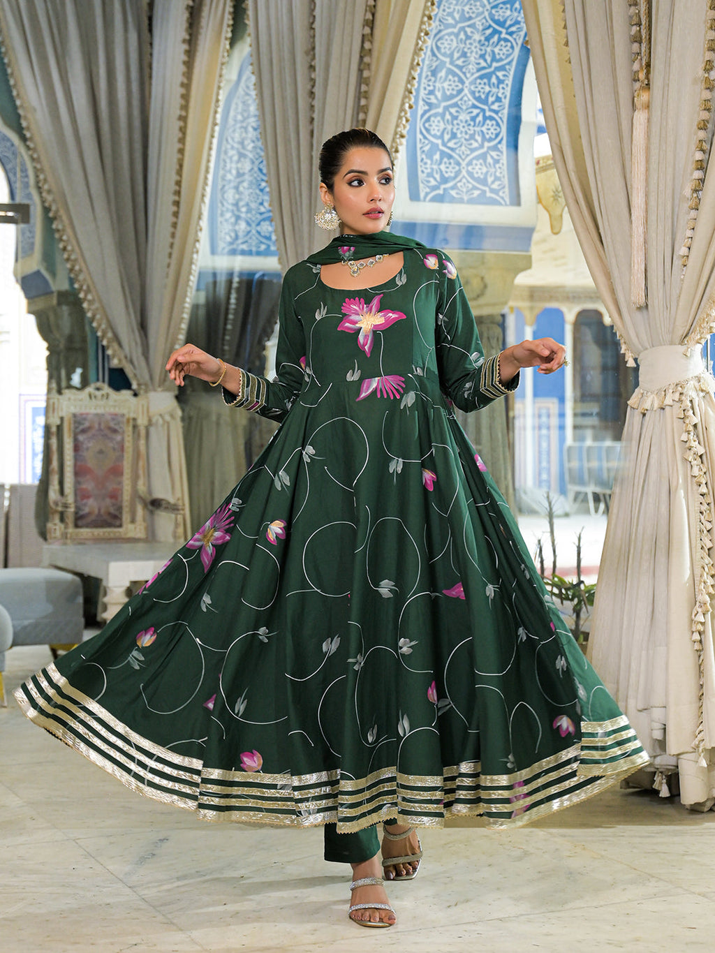 Noe Velarro Dark Green Hand Painted Cotton Anarkali Kurta Pant With Dupatta