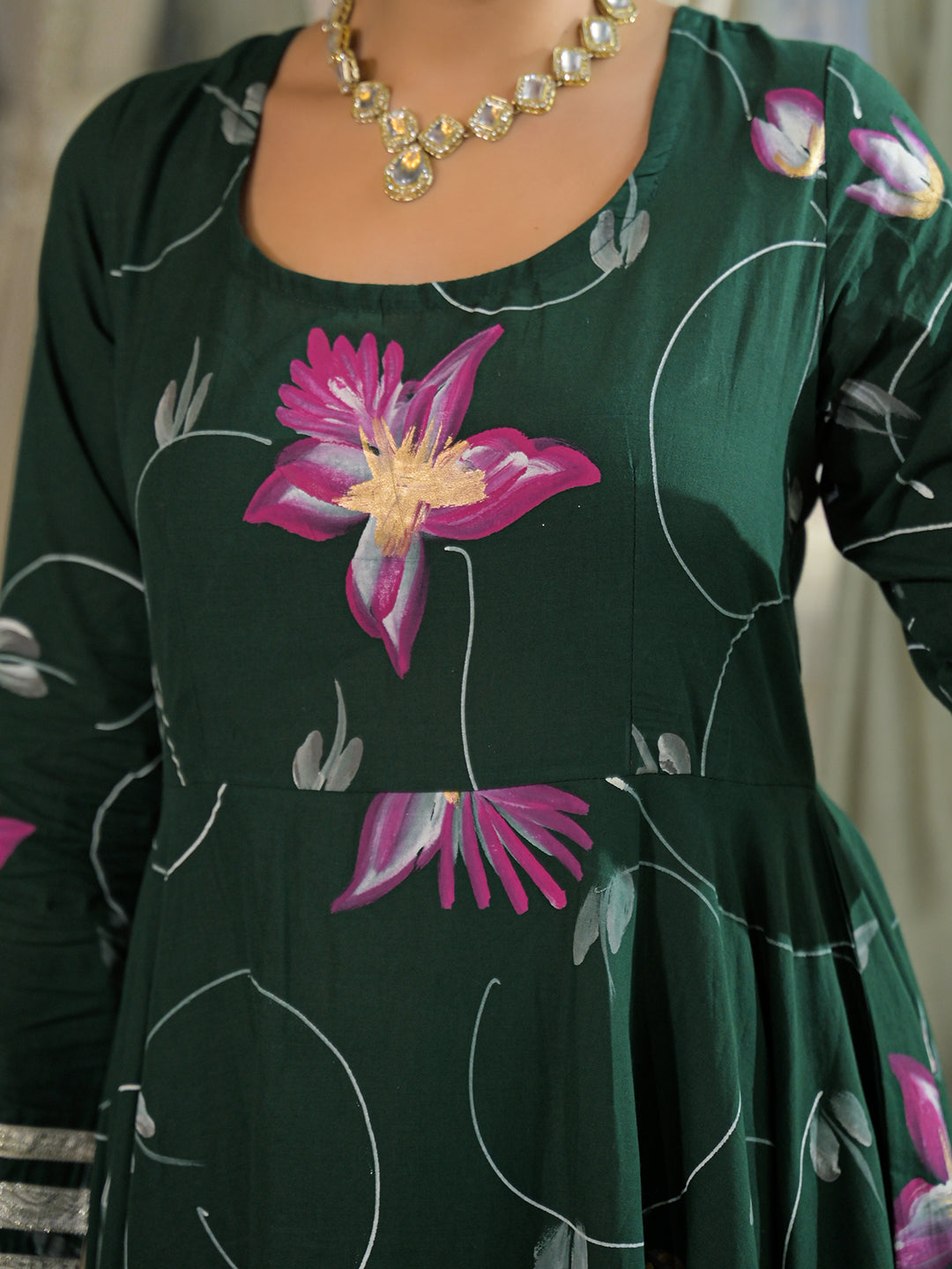 Noe Velarro Dark Green Hand Painted Cotton Anarkali Kurta Pant With Dupatta