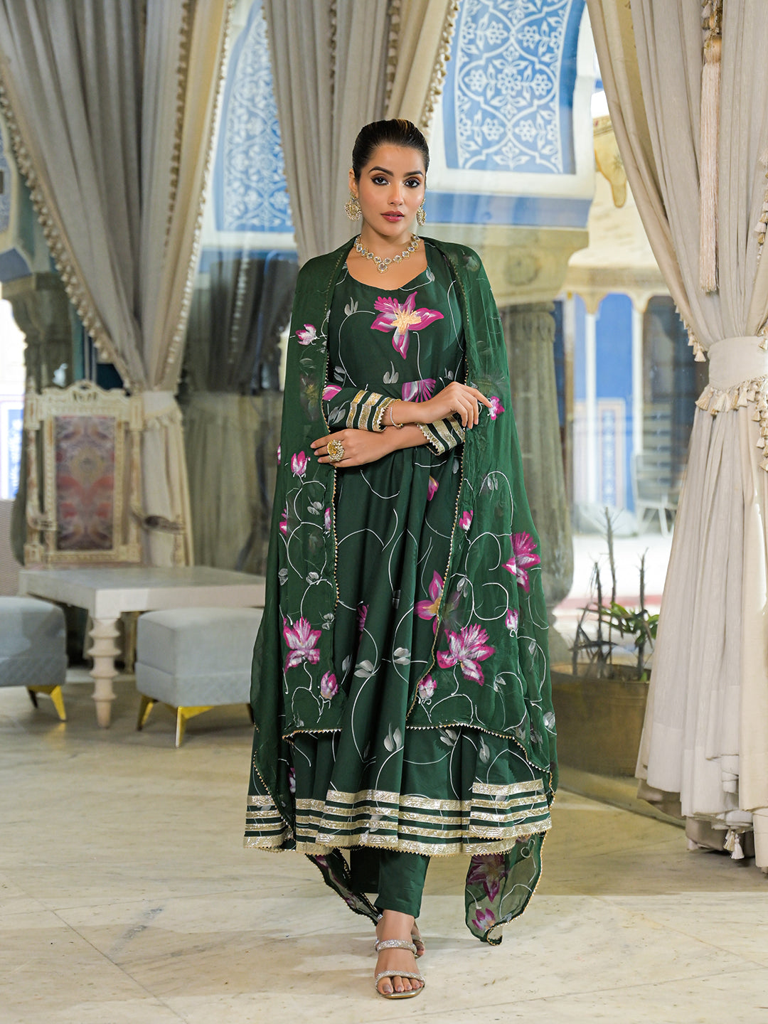 Noe Velarro Dark Green Hand Painted Cotton Anarkali Kurta Pant With Dupatta