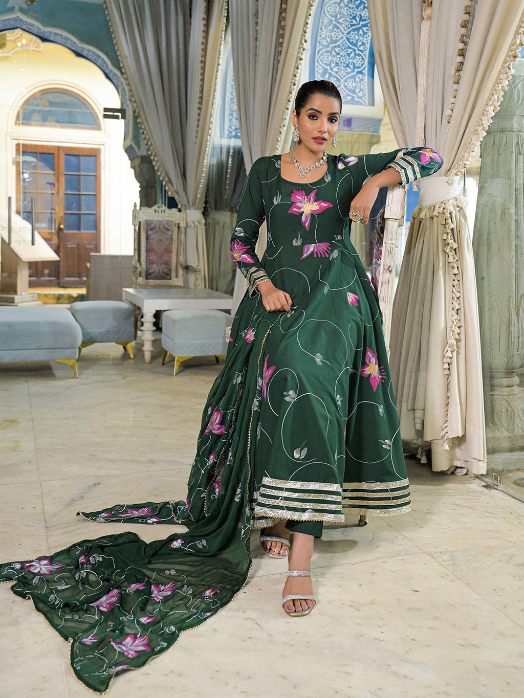 Noe Velarro Dark Green Hand Painted Cotton Anarkali Kurta Pant With Dupatta
