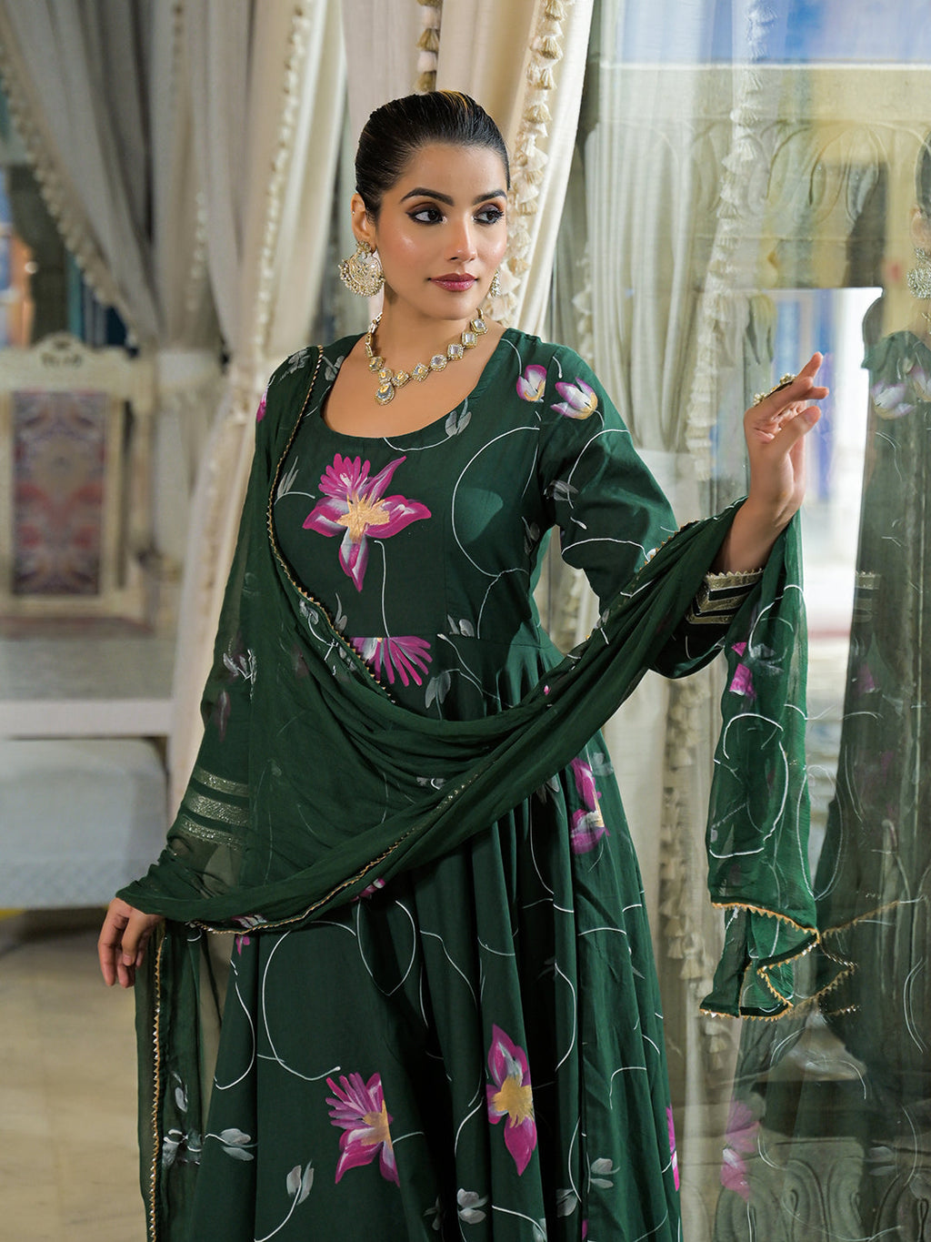 Noe Velarro Dark Green Hand Painted Cotton Anarkali Kurta Pant With Dupatta