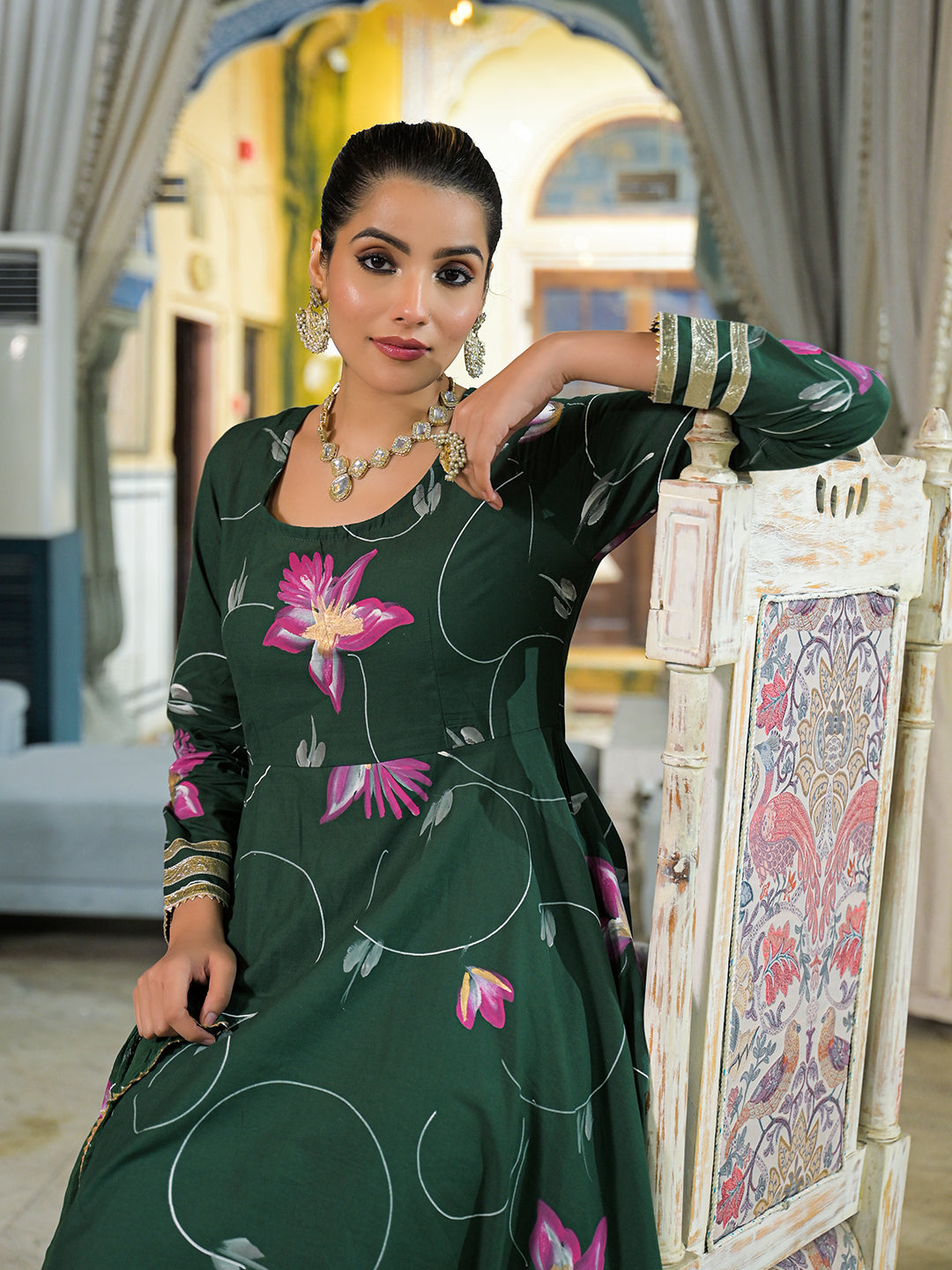 Noe Velarro Dark Green Hand Painted Cotton Anarkali Kurta Pant With Dupatta