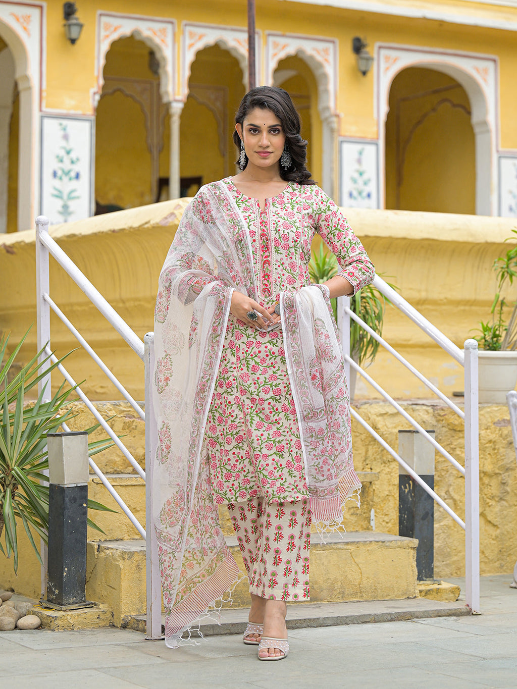 Noe Velarro Handblock Print Cotton Kurta Pant Set with Dupatta