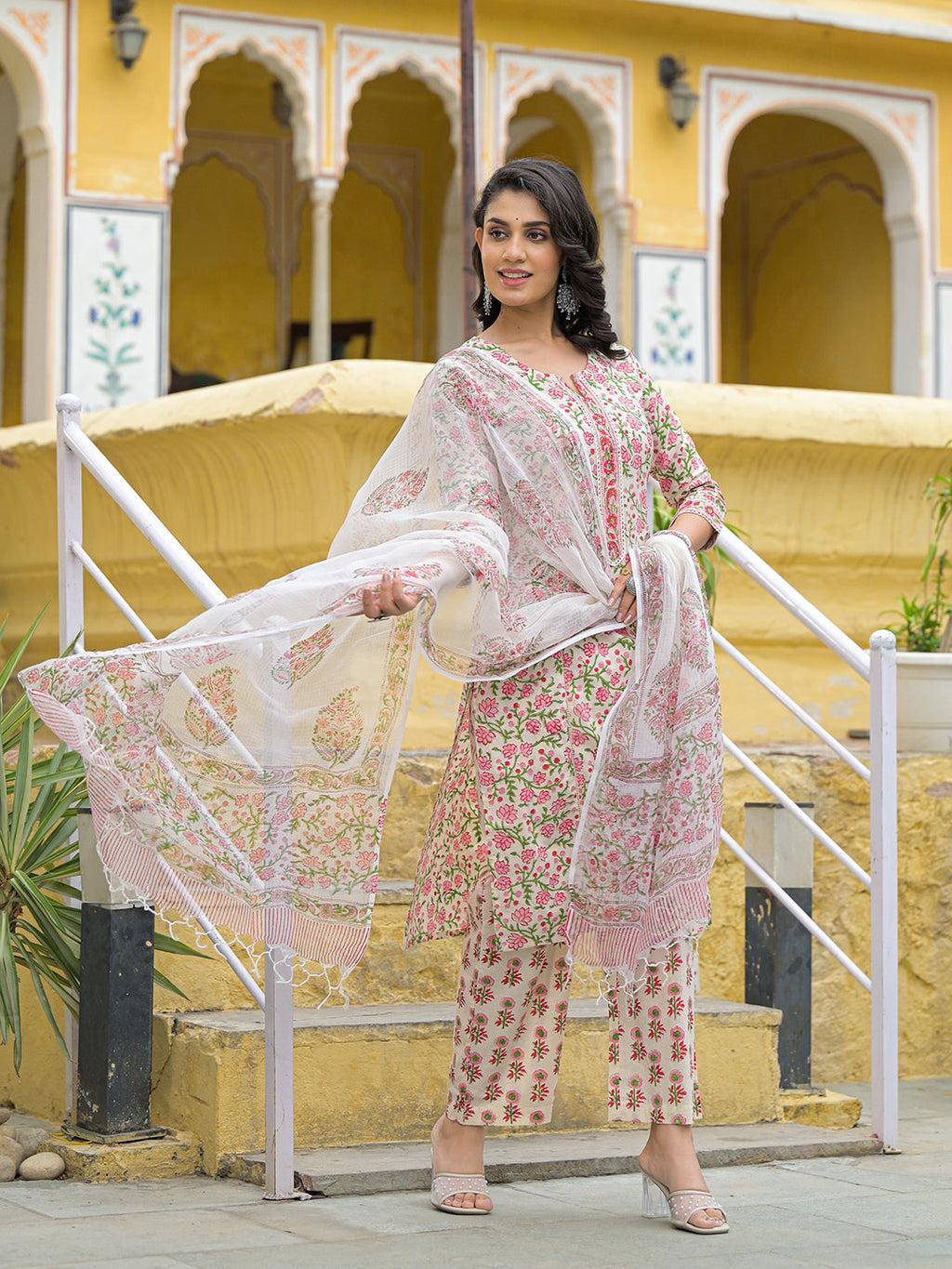Noe Velarro Handblock Print Cotton Kurta Pant Set with Dupatta