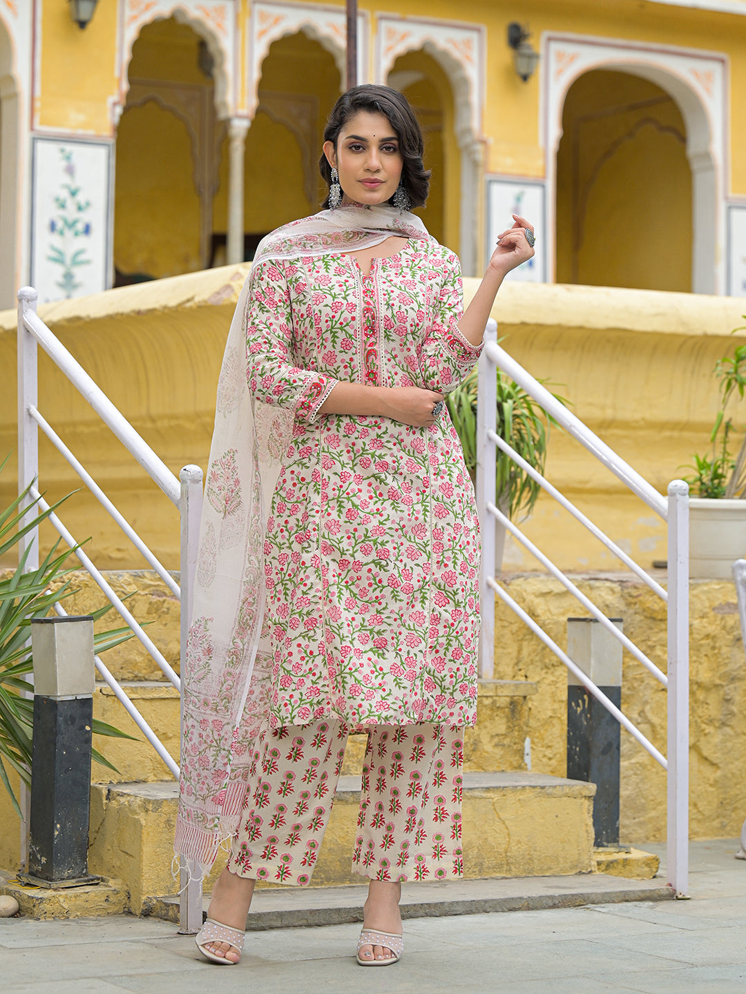 Noe Velarro Handblock Print Cotton Kurta Pant Set with Dupatta