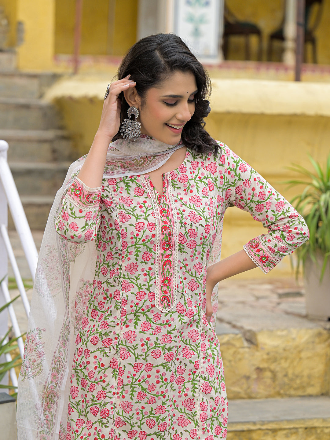 Noe Velarro Handblock Print Cotton Kurta Pant Set with Dupatta