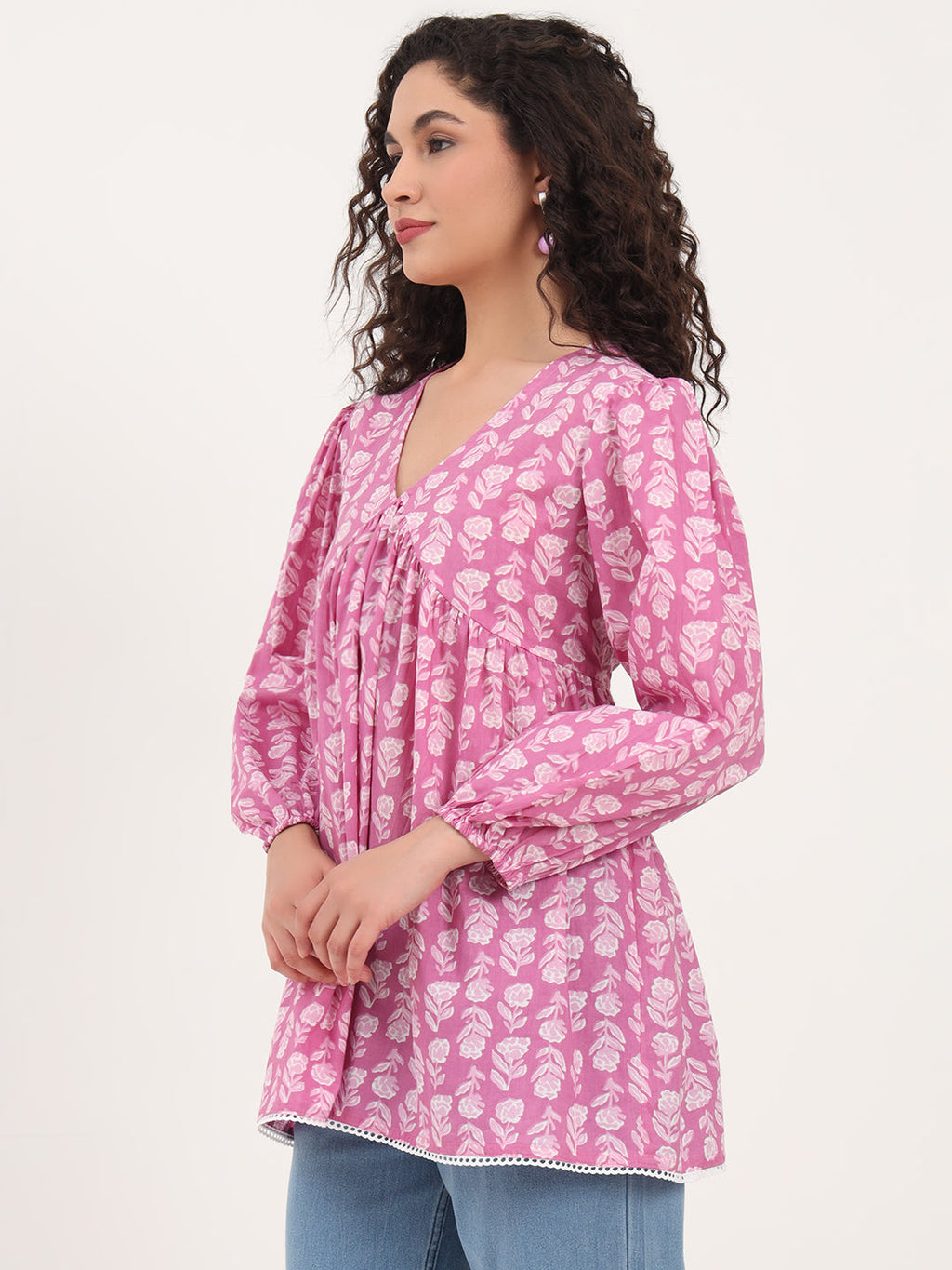 Noe Velarro Purple Floral Print Cotton Fabric Regular Peplum Top