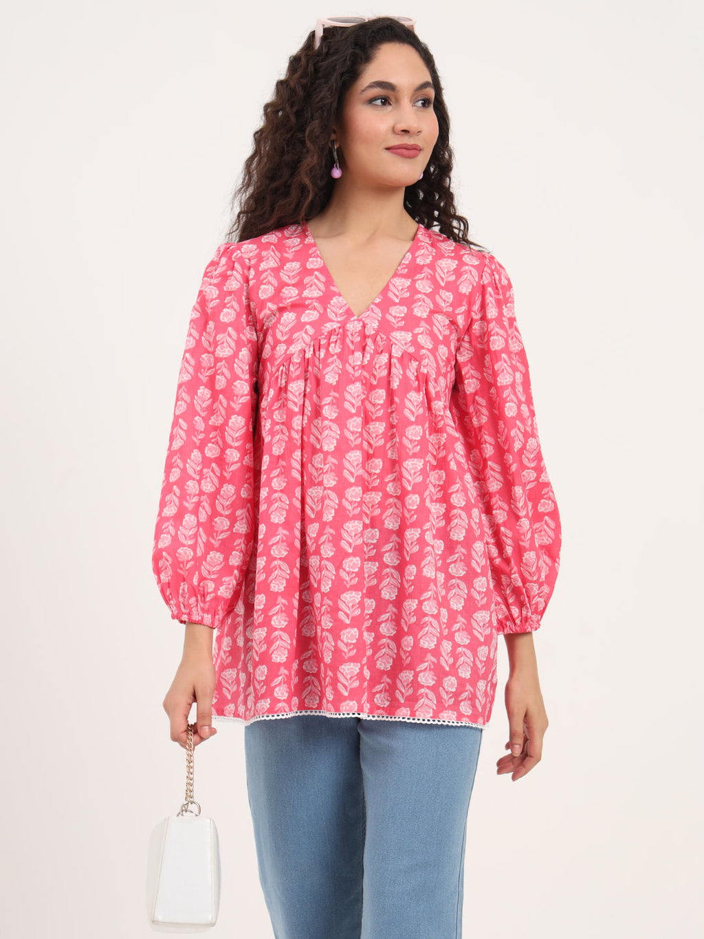 Noe Velarro Pink Floral Print Cotton Fabric Regular Peplum Top
