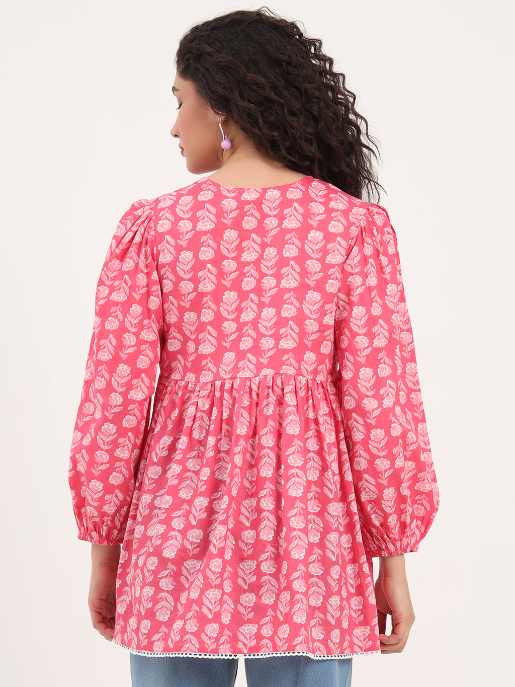 Noe Velarro Pink Floral Print Cotton Fabric Regular Peplum Top