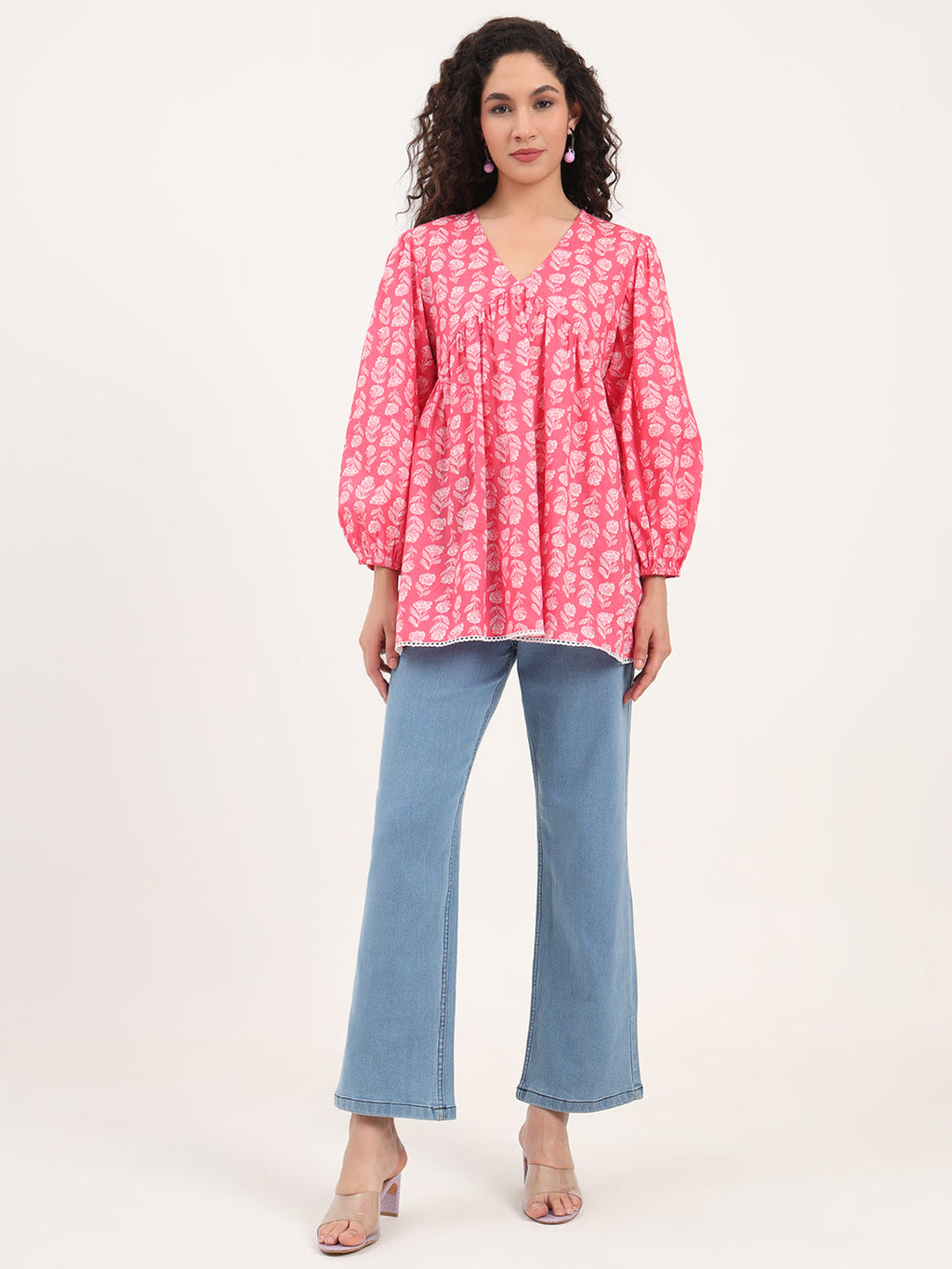 Noe Velarro Pink Floral Print Cotton Fabric Regular Peplum Top