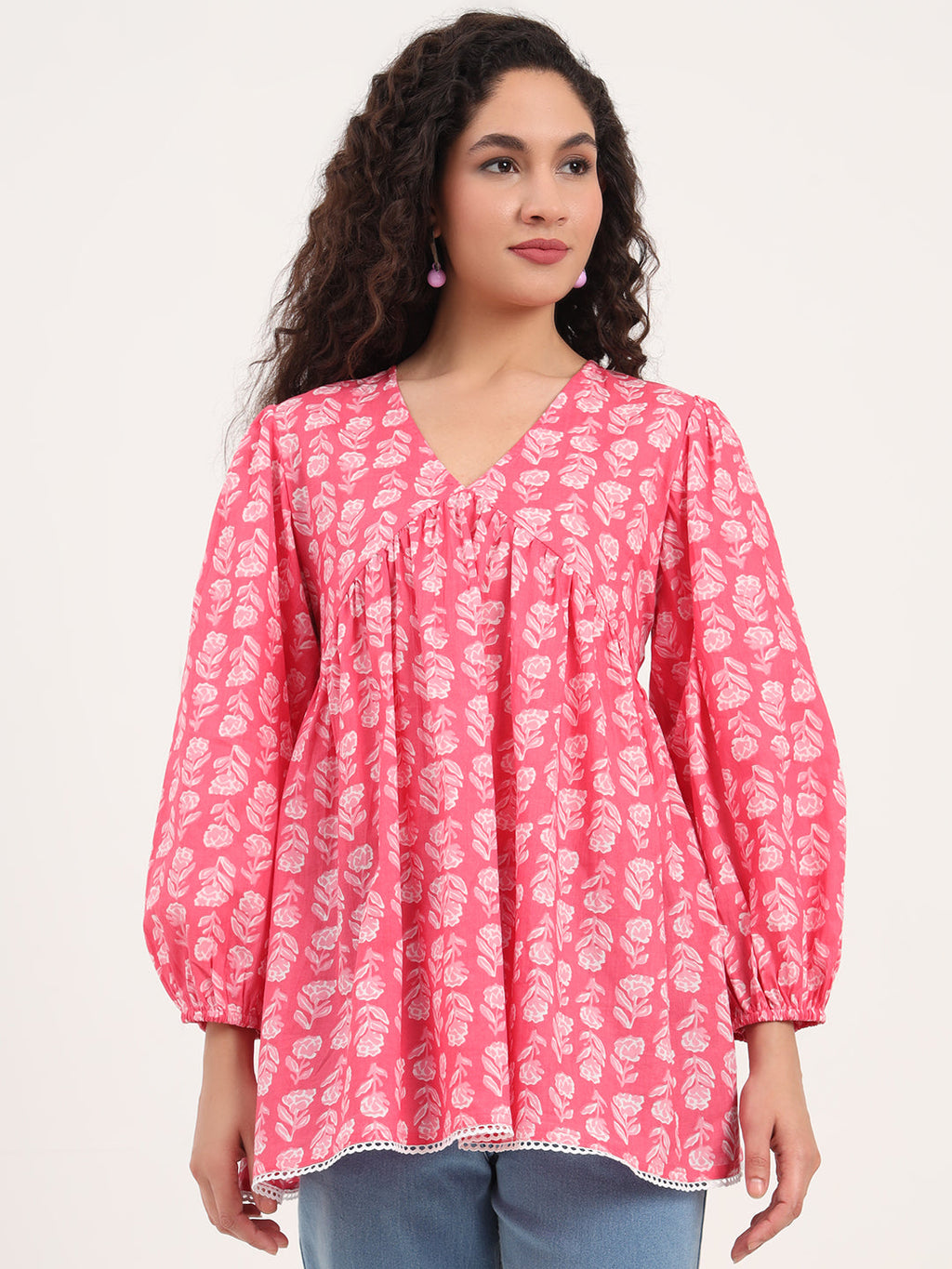 Noe Velarro Pink Floral Print Cotton Fabric Regular Peplum Top