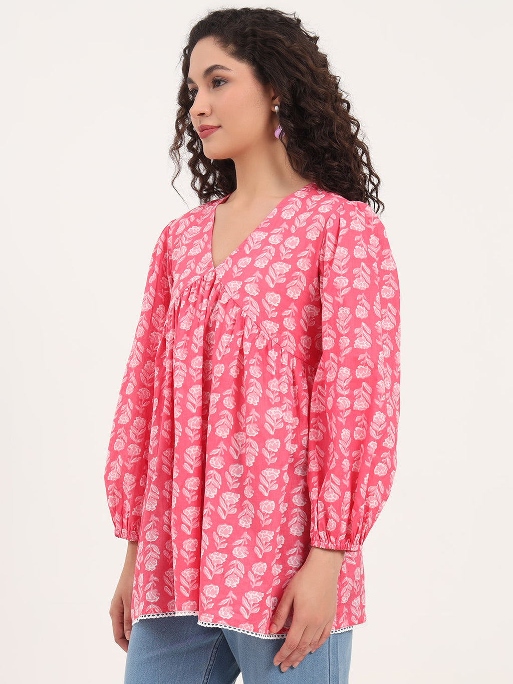 Noe Velarro Pink Floral Print Cotton Fabric Regular Peplum Top