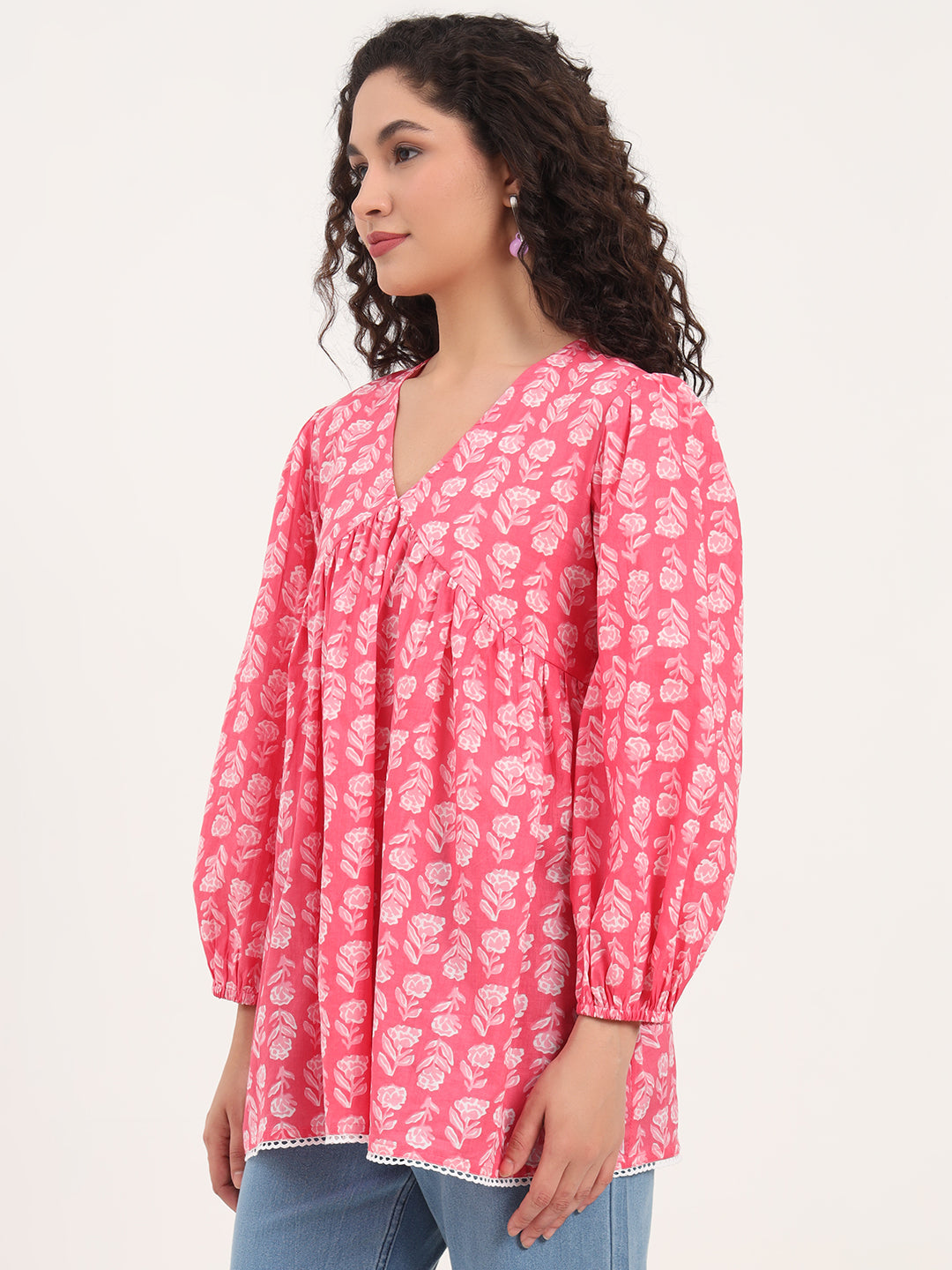 Noe Velarro Pink Floral Print Cotton Fabric Regular Peplum Top