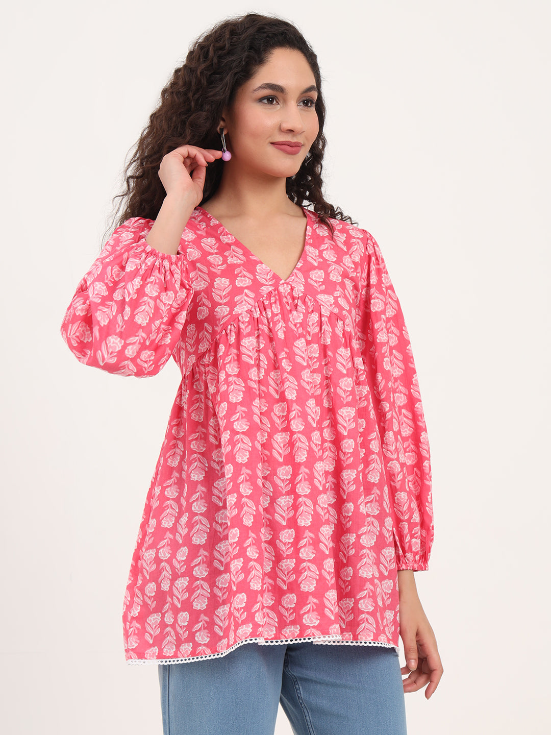Noe Velarro Pink Floral Print Cotton Fabric Regular Peplum Top