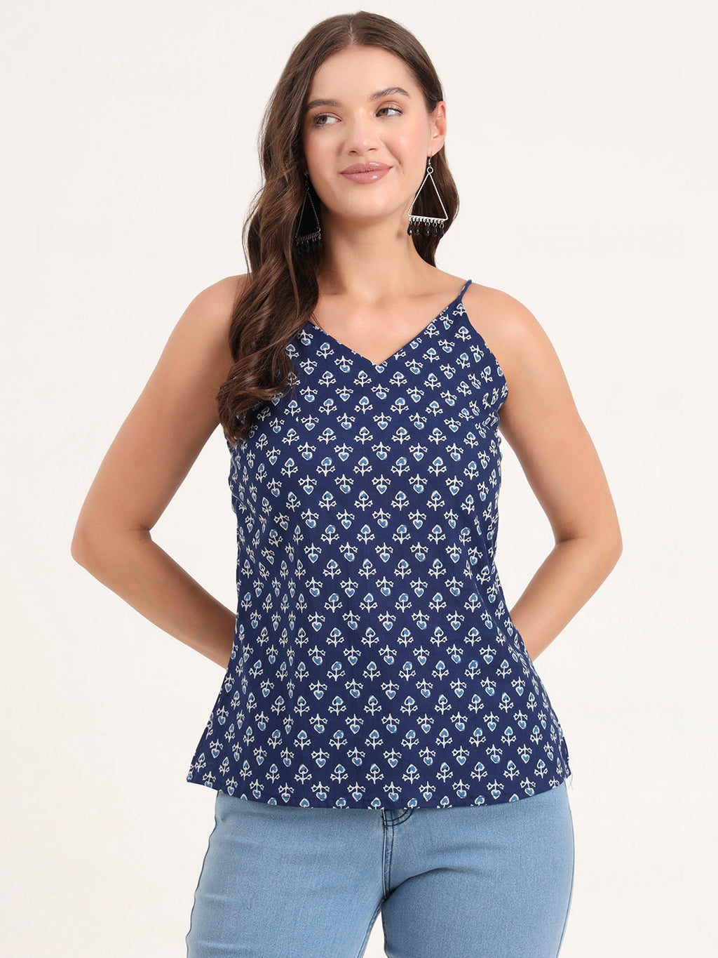 Noe Velarro Indigo Printed Cotton Shoulder Strap Top