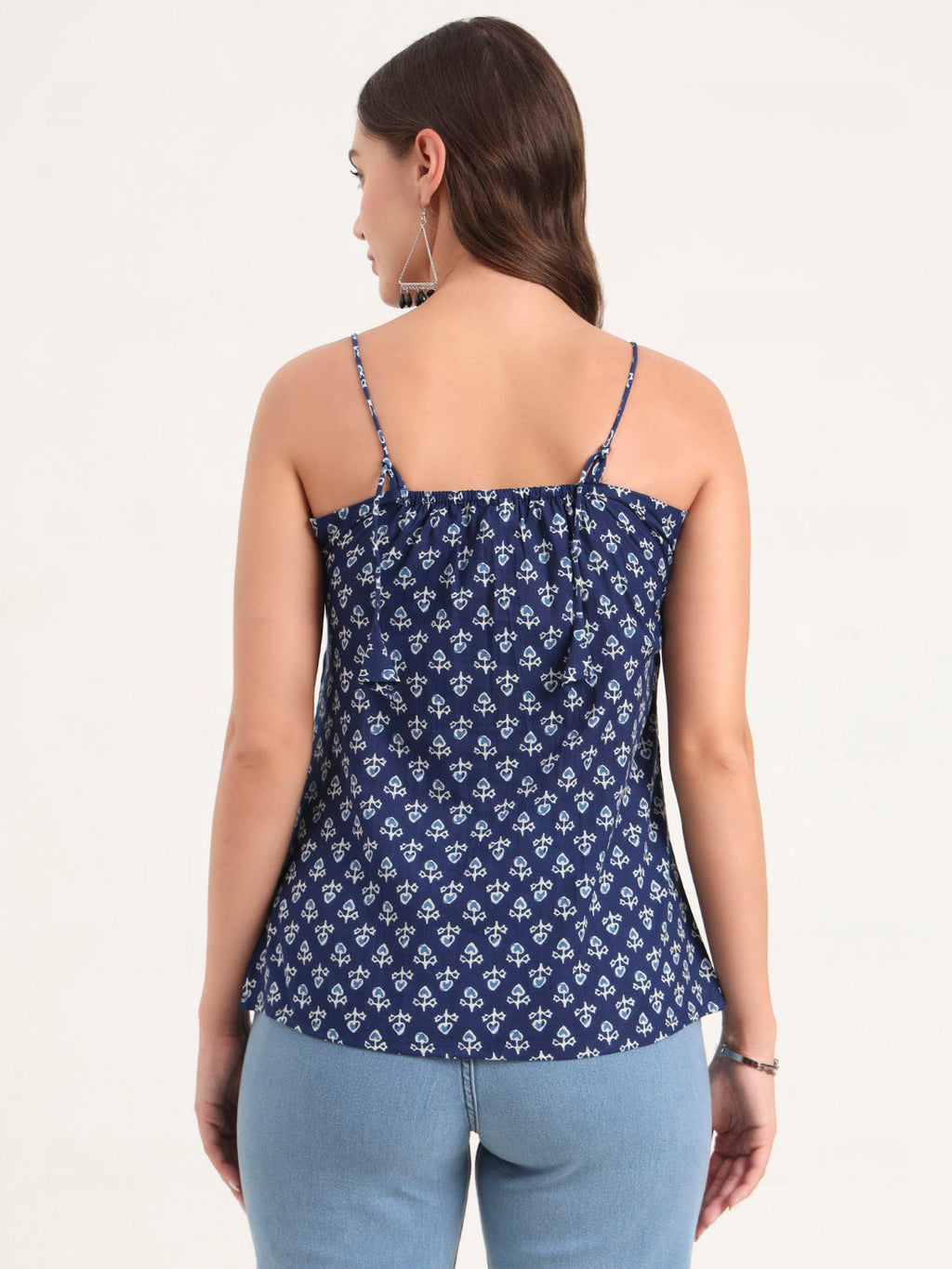 Noe Velarro Indigo Printed Cotton Shoulder Strap Top