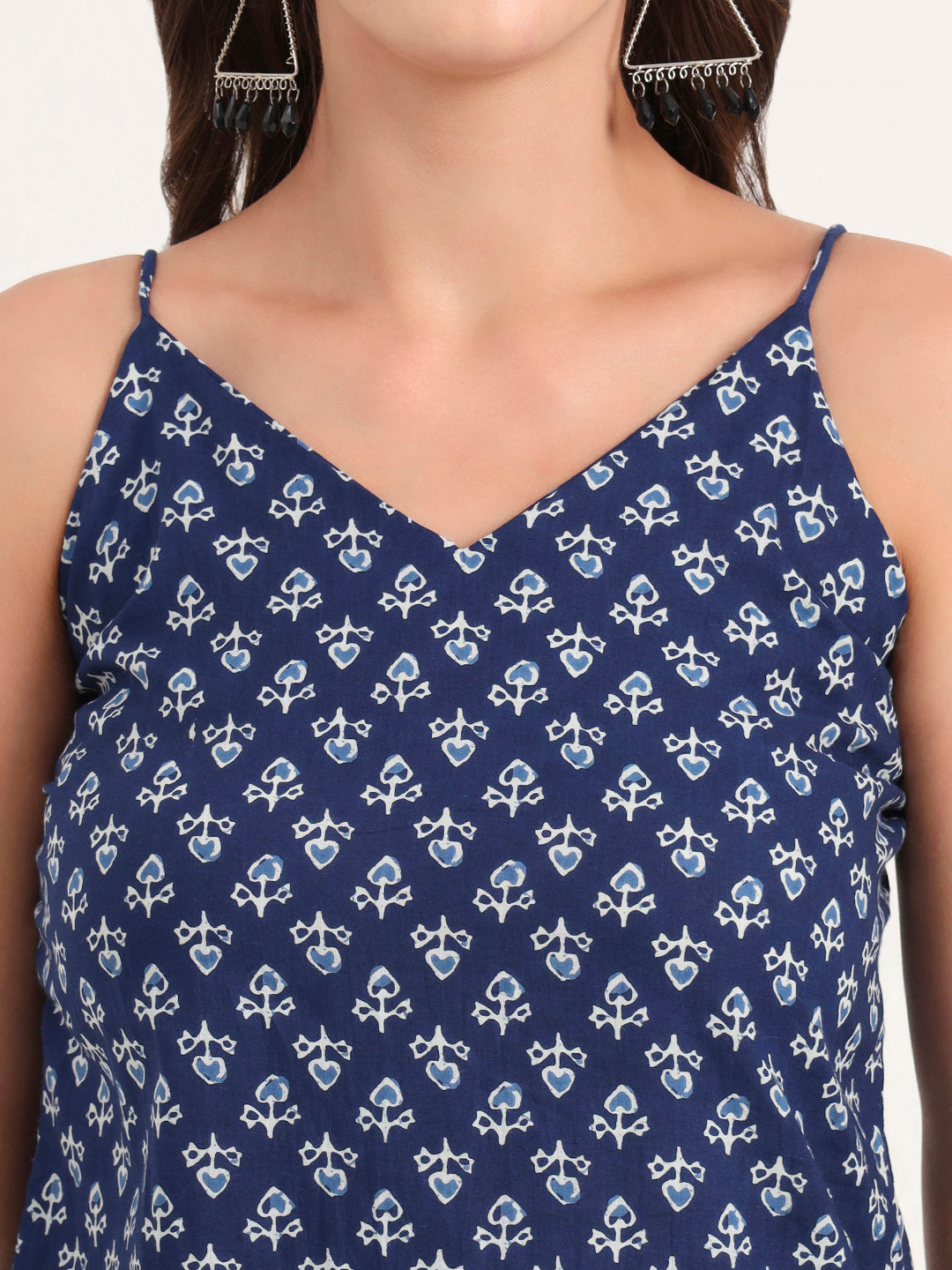 Noe Velarro Indigo Printed Cotton Shoulder Strap Top