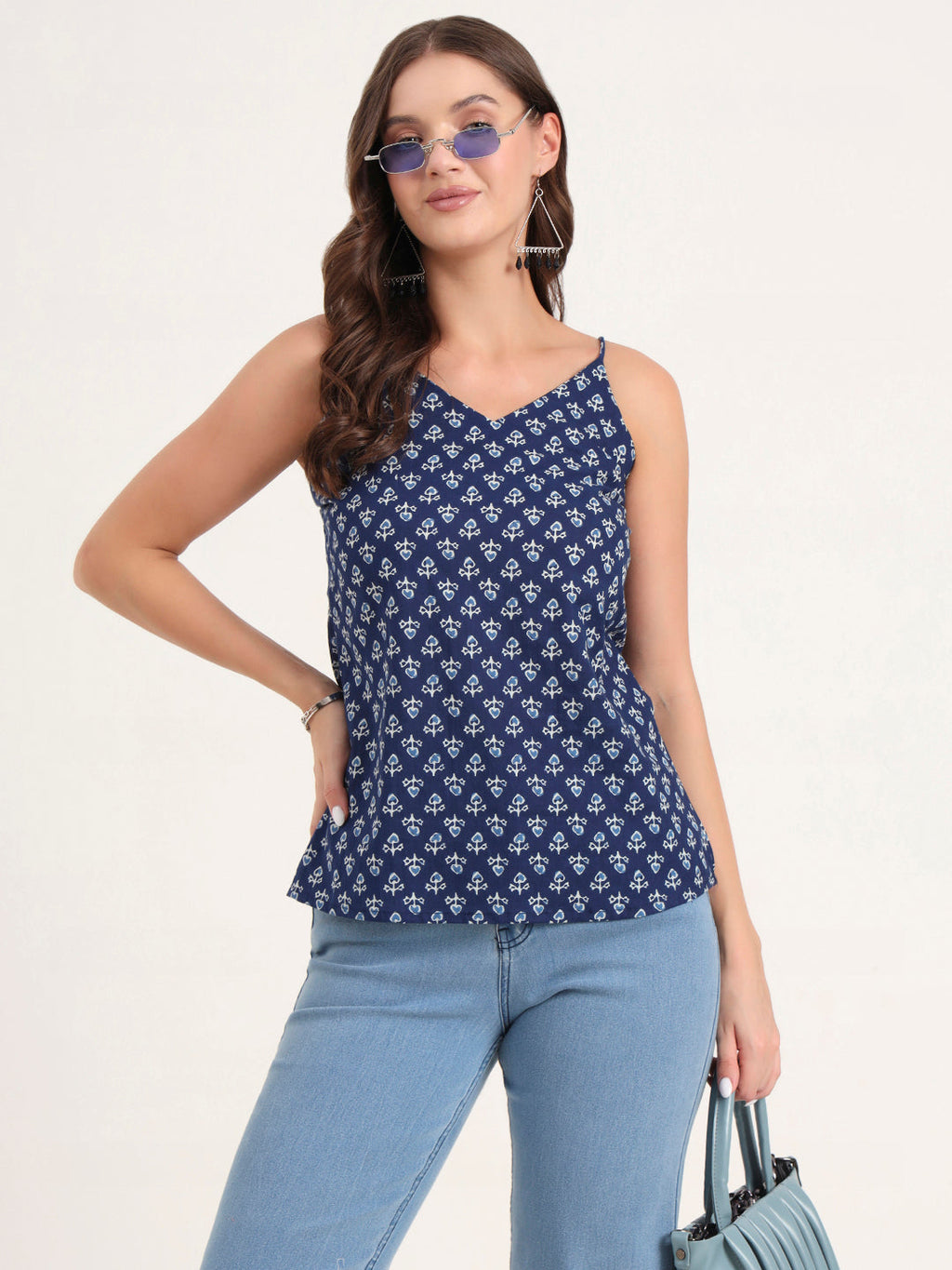 Noe Velarro Indigo Printed Cotton Shoulder Strap Top
