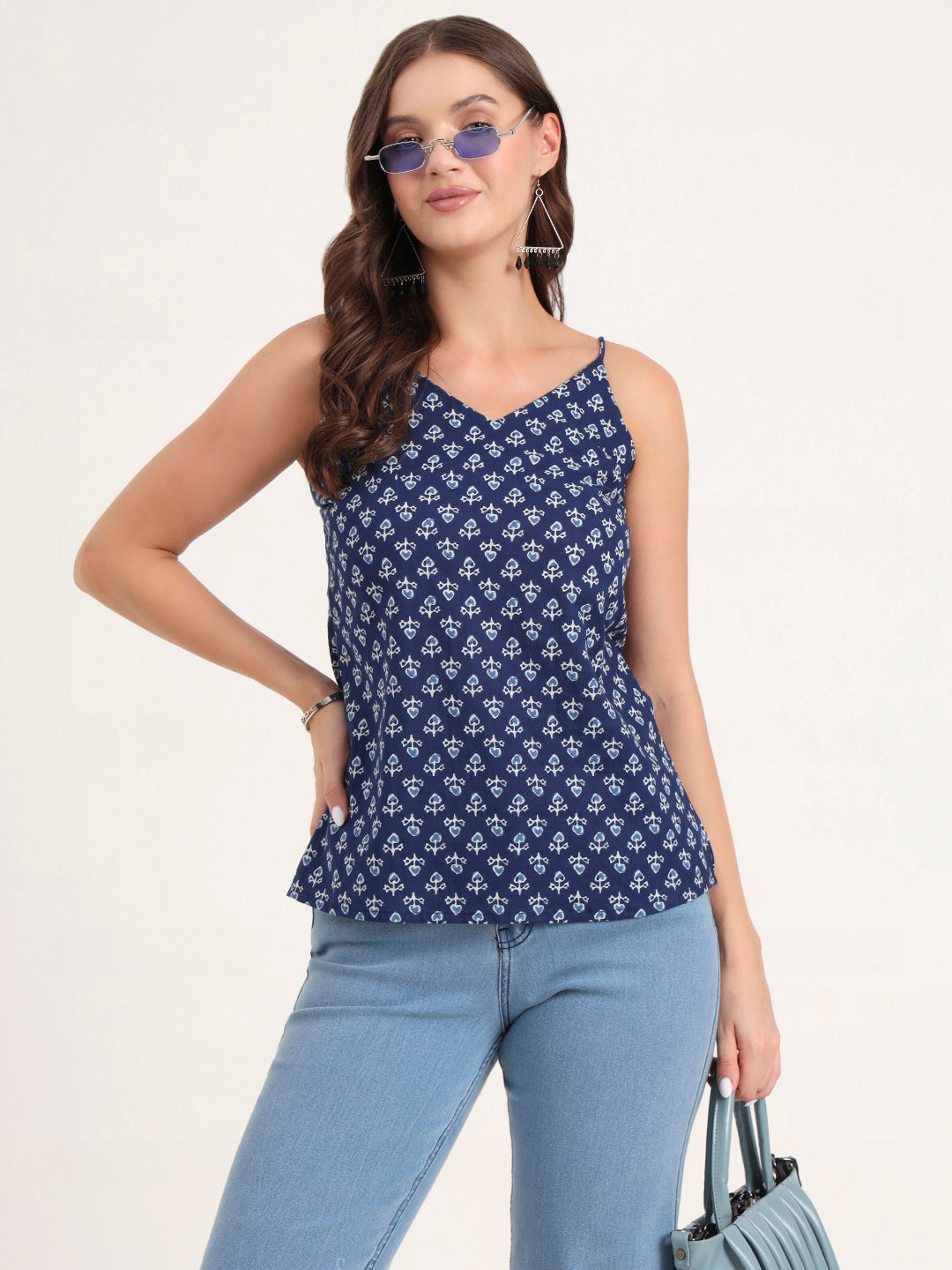 Noe Velarro Indigo Printed Cotton Shoulder Strap Top
