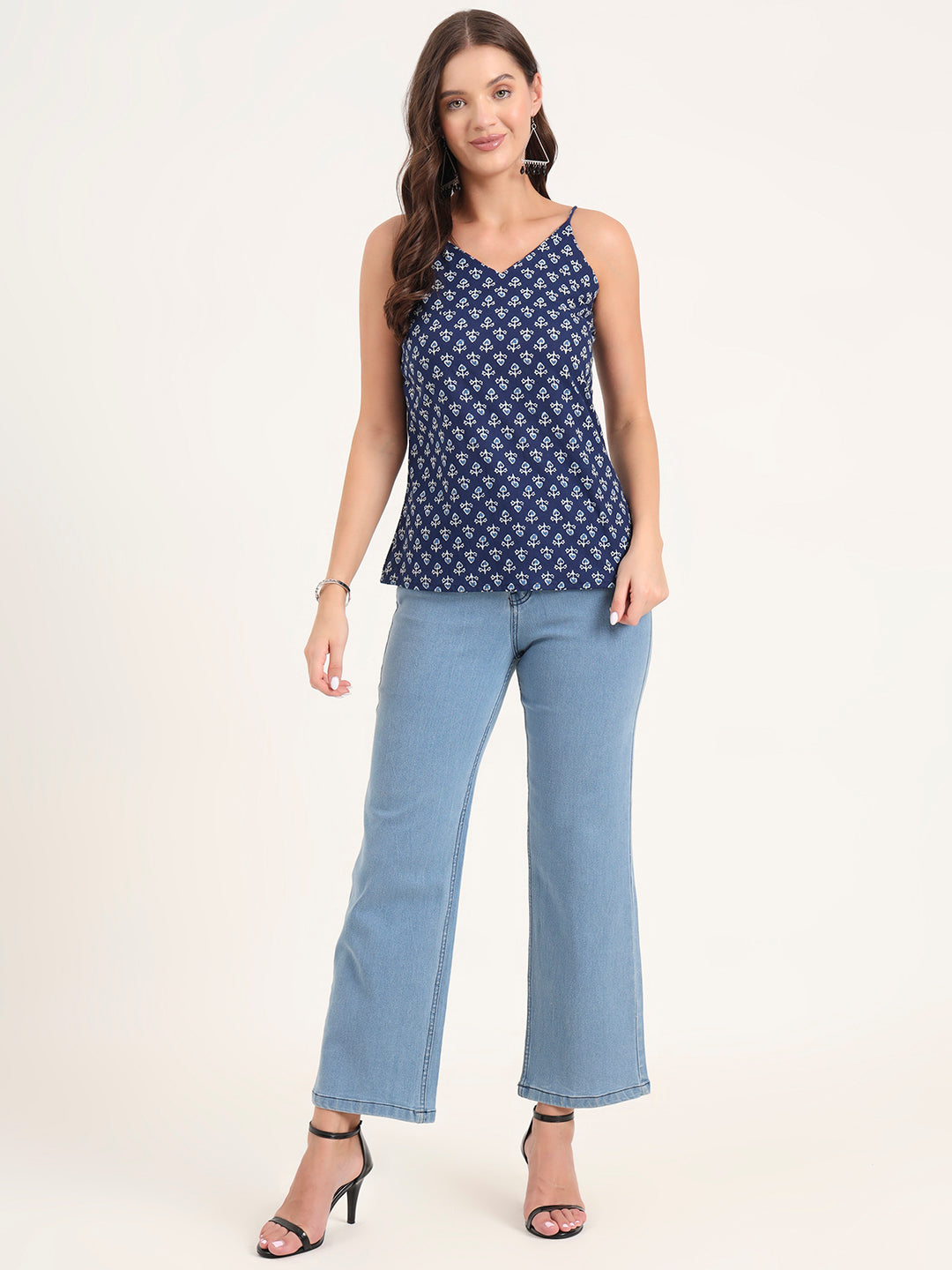 Noe Velarro Indigo Printed Cotton Shoulder Strap Top