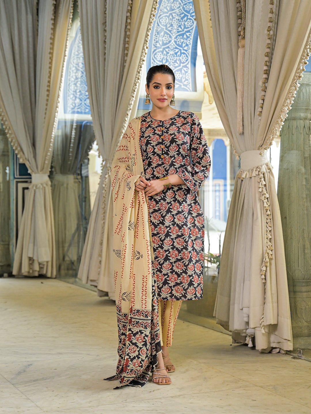 Noe Velarro Black Hand Block Cotton Straight Kurta Pant With Dupatta