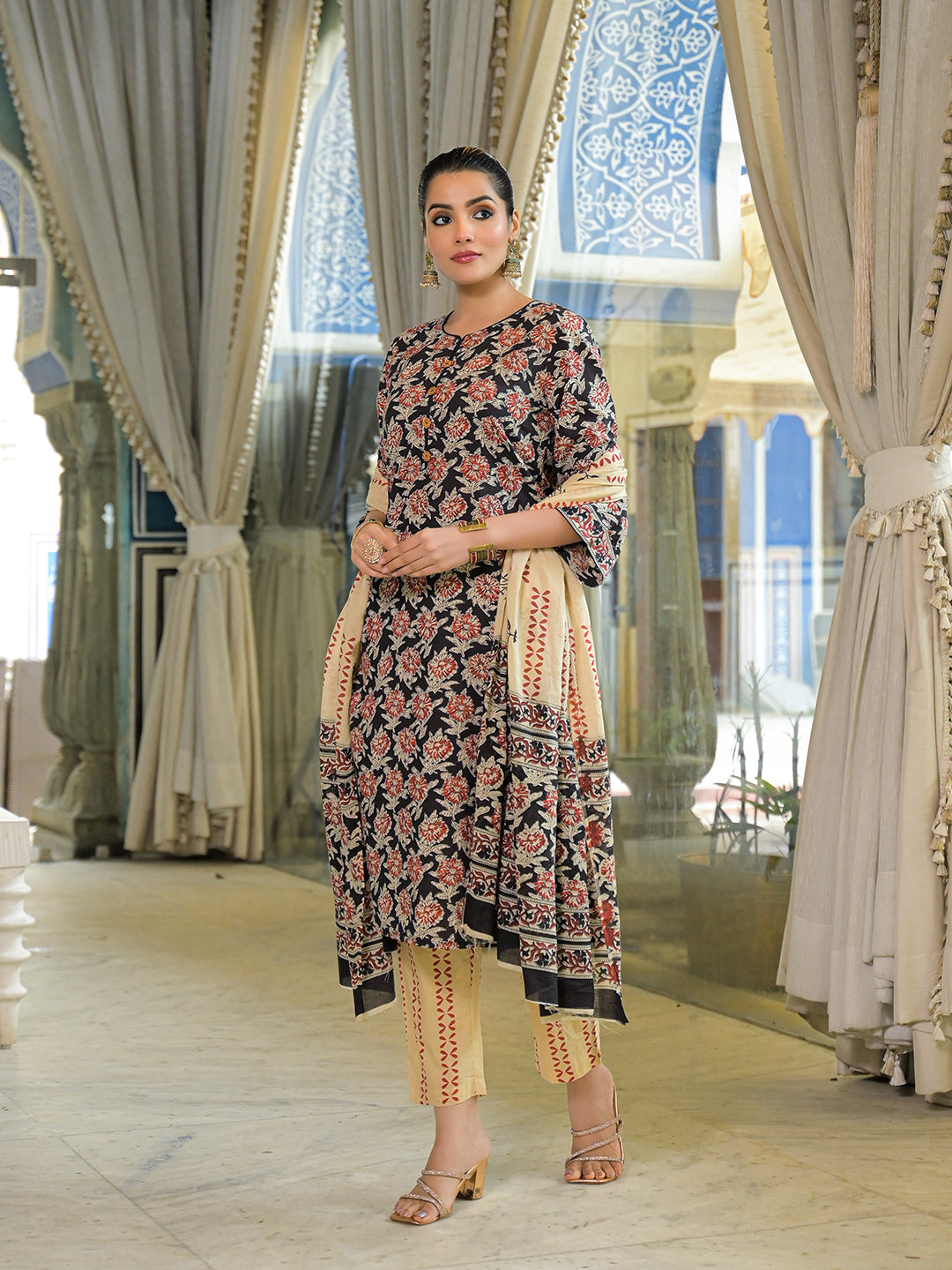 Noe Velarro Black Hand Block Cotton Straight Kurta Pant With Dupatta